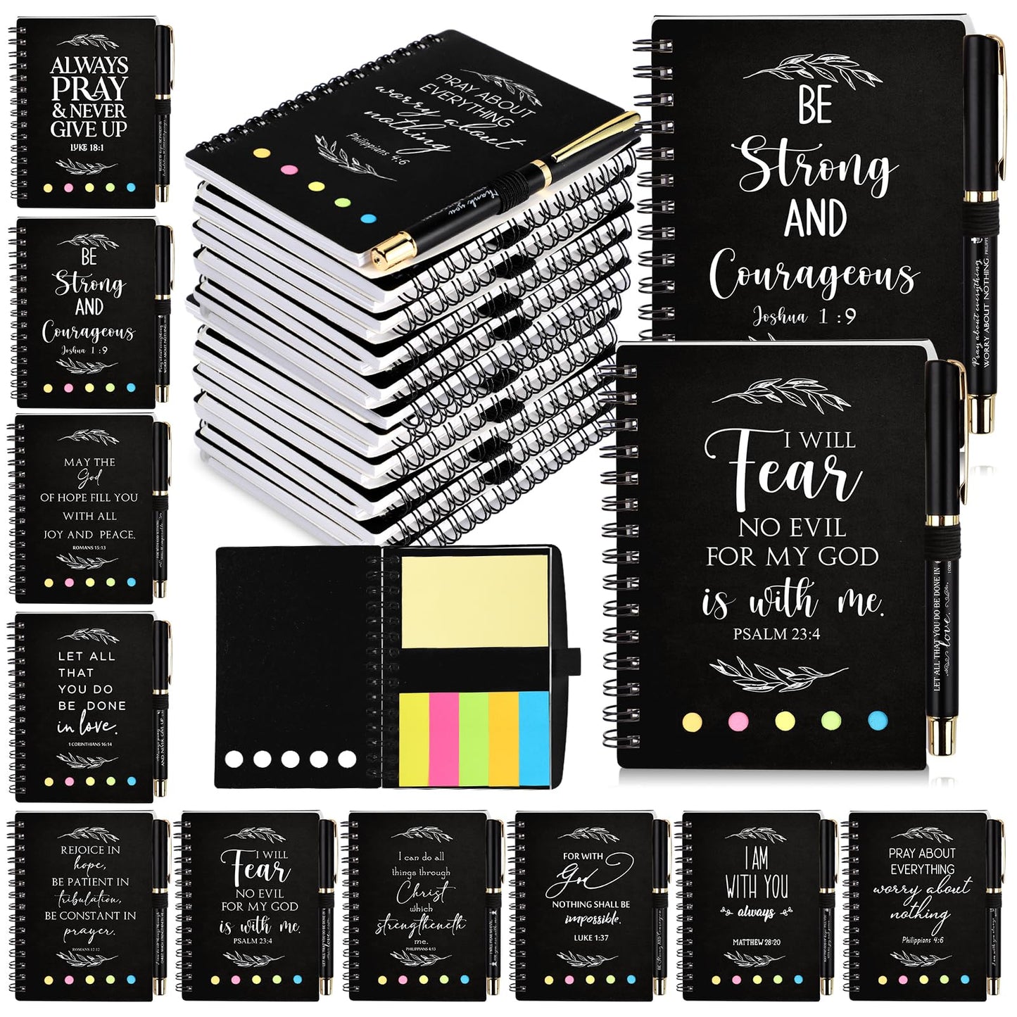 Kosiz 30 Set / 60 Pcs Fathers Day Christian Gift Bulk with Pocket Spiral Religious Notebook with Sticky Notes Bible Verse Pens Prayer Journal Gifts for Church Men Women Sunday School Teacher (Black)