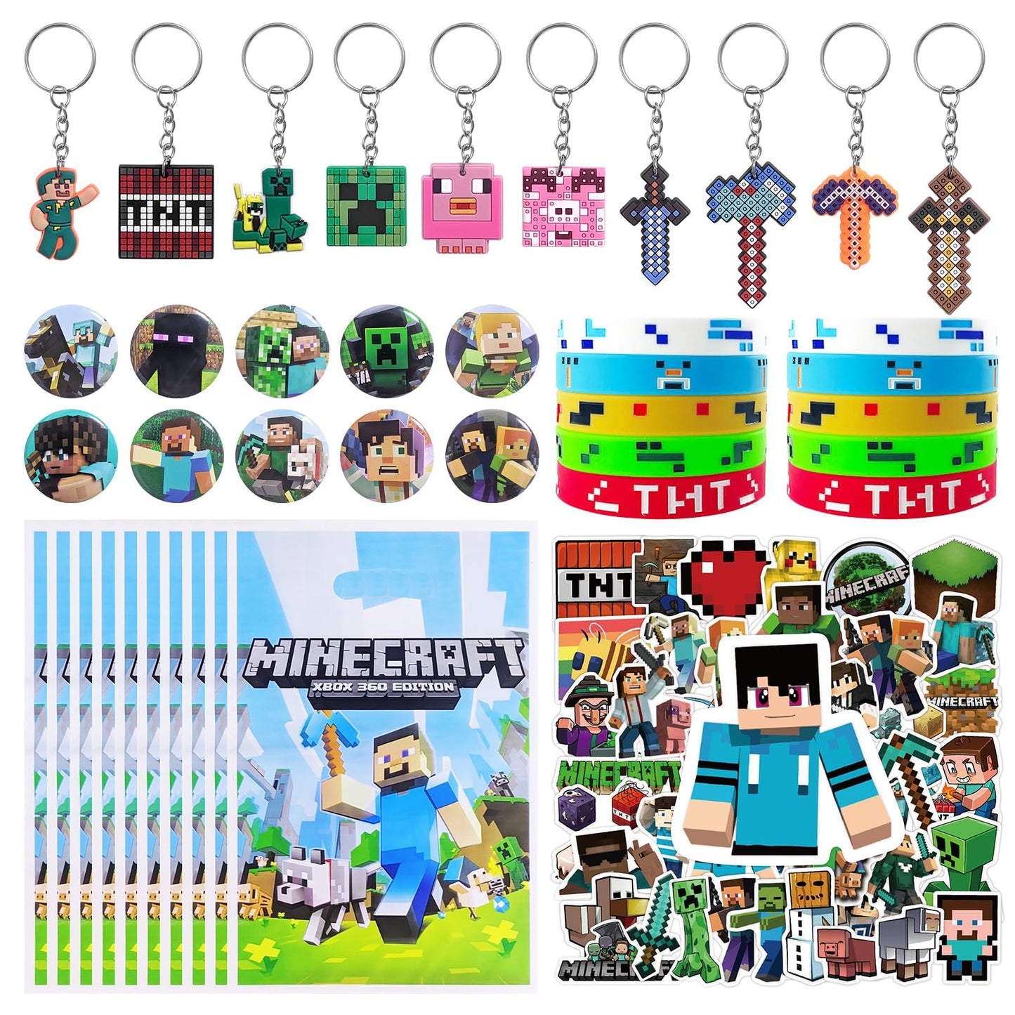 For Pixel Style Birthday Party Supplies, 90pcs Party Favors for , Includes 50 Stickers, 10 Gift Bags, 10 Wristbands, 10 Keychains, 10 Badges.