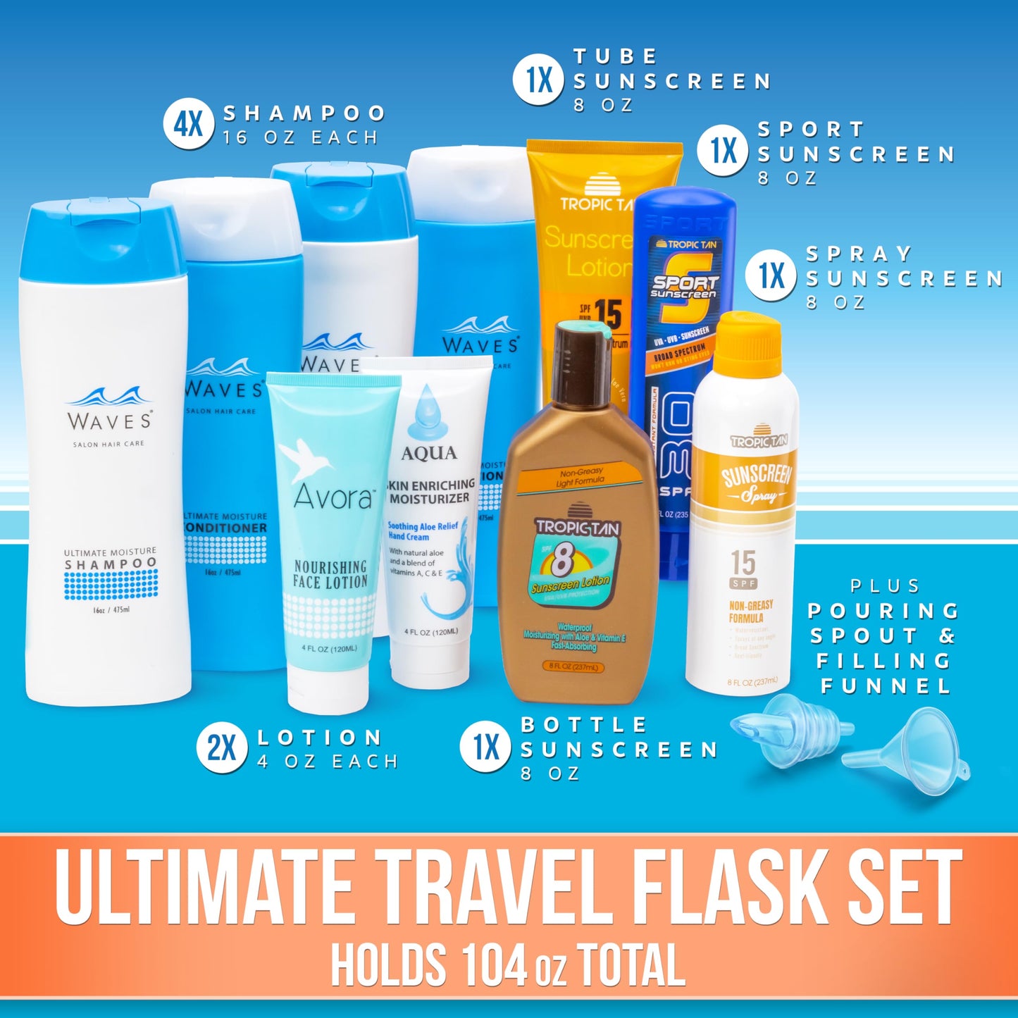 GoPong Cruise Bundle Hidden Alcohol Travel Flasks (104 oz Total) - Set of 10 Secret Liquor Containers for Beaches, Cruises, and Sports Events – Includes Funnel & Spout
