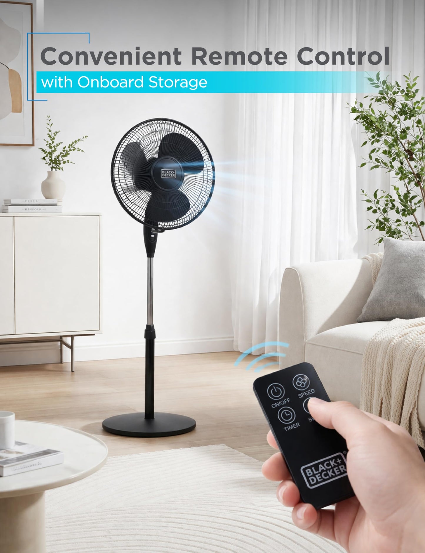 BLACK+DECKER 16" Standing Oscillating Pedestal Fan with Remote, 90-Degree Oscillation, 3 Speed Settings, Adjustable Height, Timer, 30-Degree Tilt, BFSR16B, Black