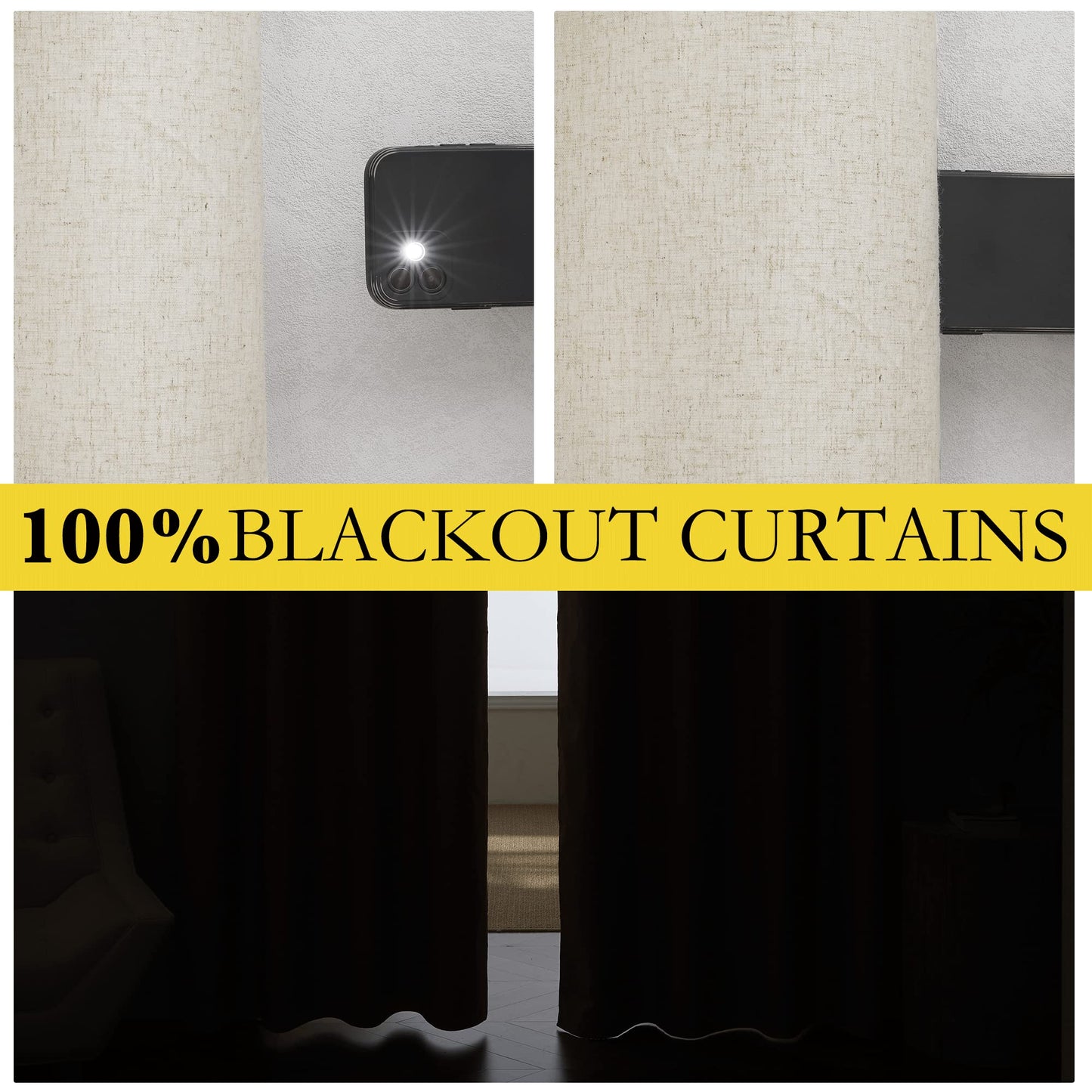 NICETOWN Natural 100% Blackout Linen Curtains 84 inch Long Burg for Living Room, 1 Pair, 62" Width Each Panel, Farmhouse Thick Completely Blackout Window Treatment Thermal Insulated Drapes