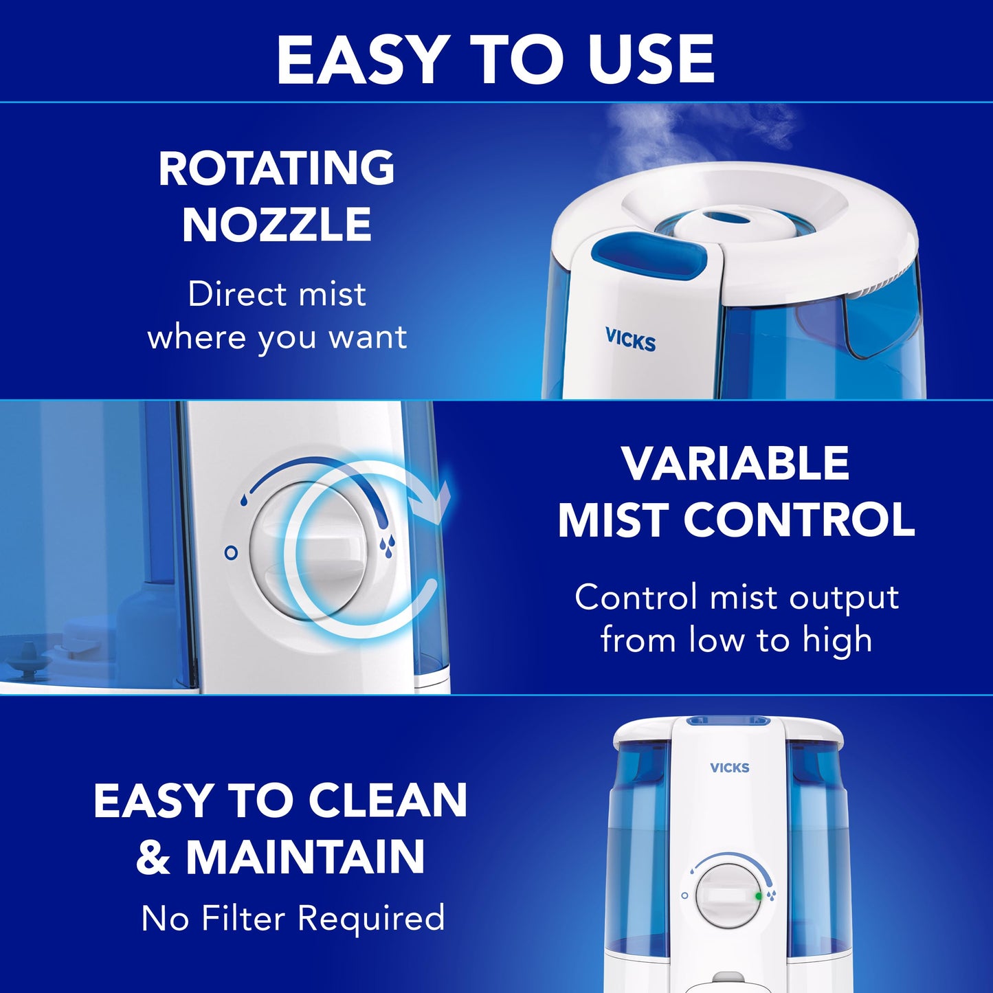 Vicks CoolRelief Cool Mist Humidifier Small to Medium Room Vaporizer for Baby, Kids, Adults, 1.2 Gal