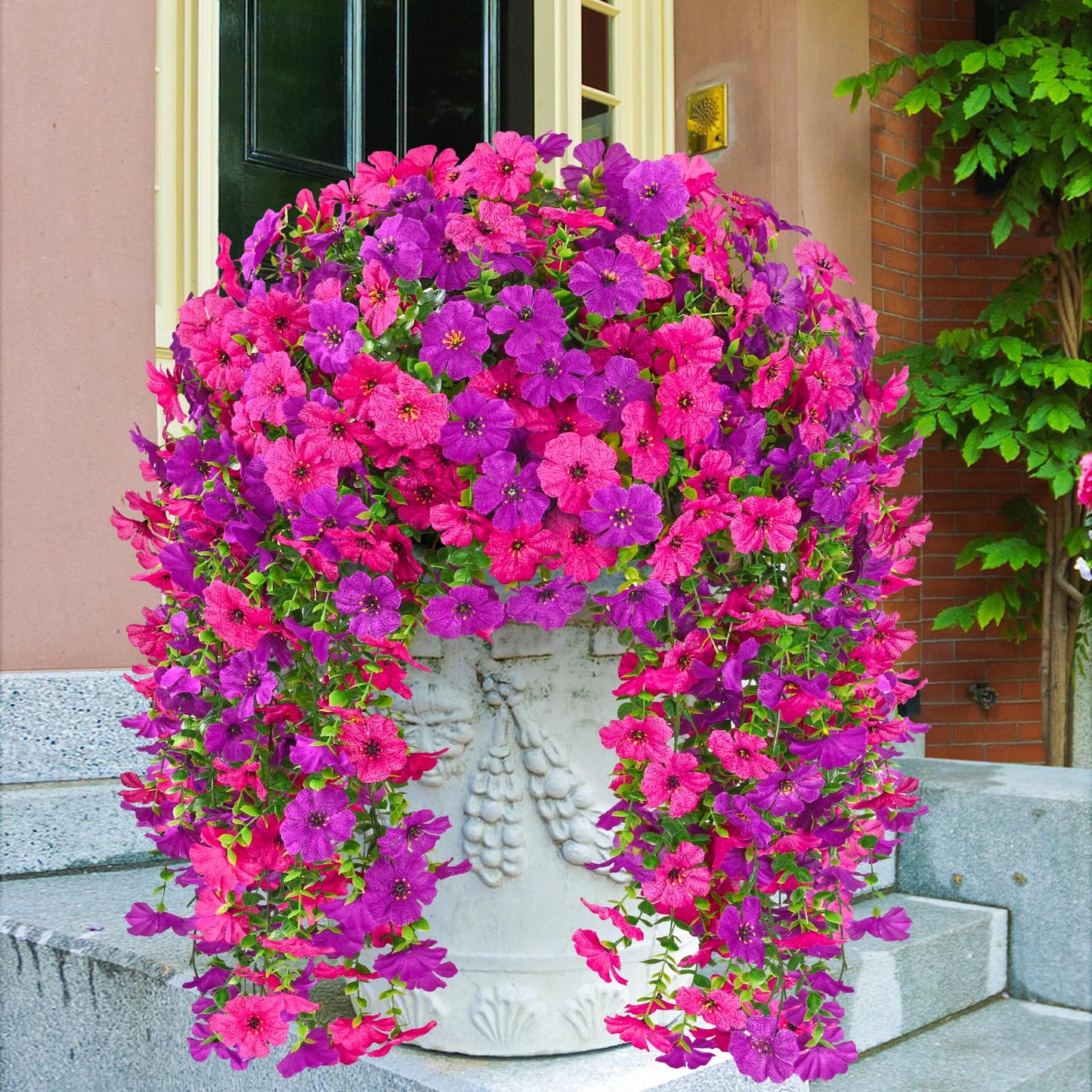 Dolicer 8 Pcs Look Real Artificial Flowers for Outdoors, Realistic Fake Artificial Hanging Flowers for Outdoors UV Resistant Silk Faux Hanging Plants Flowers for Porch Patio Garden (Purple+Fuchsia)