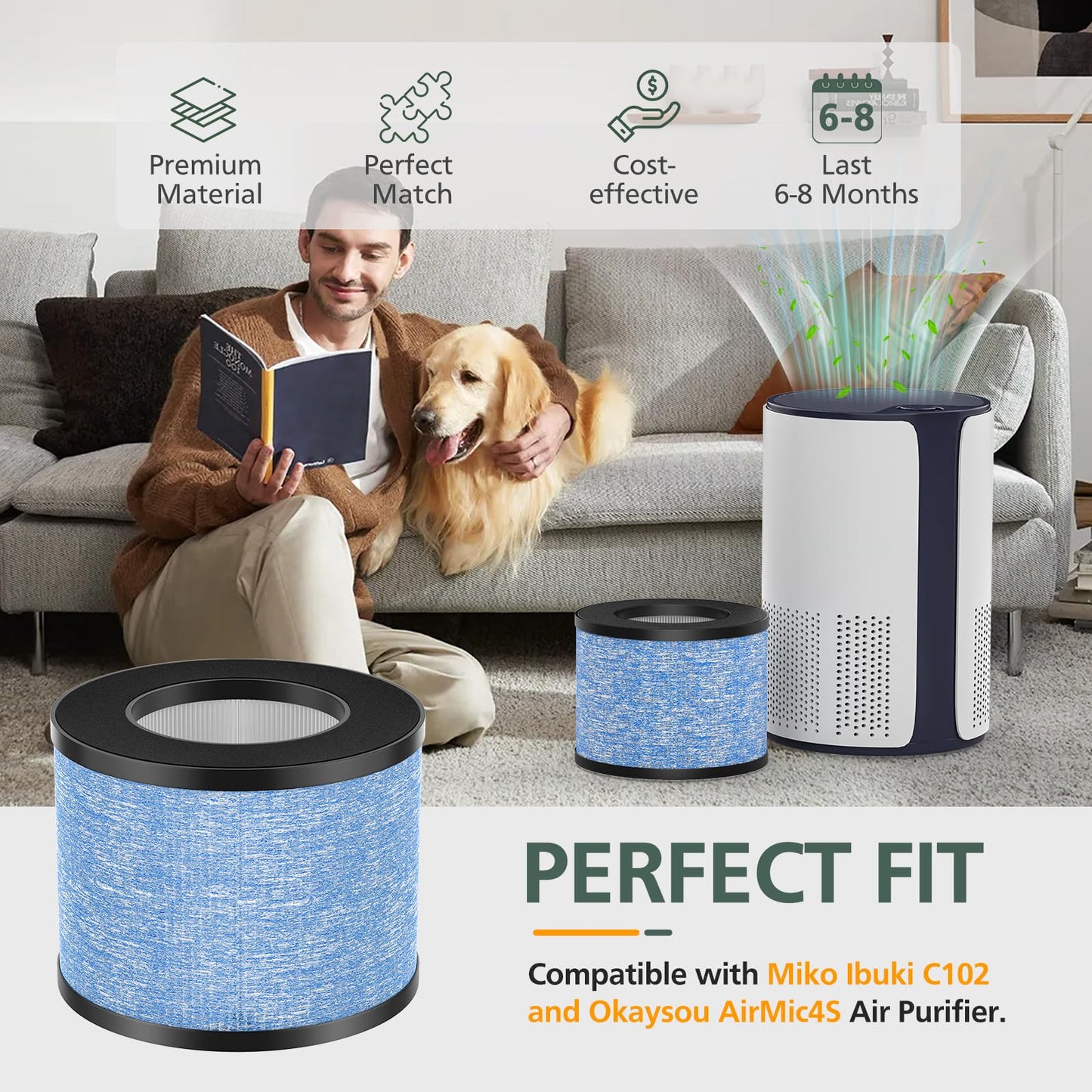 2 Pack C102 HEPA Air Filter MA-01CW Replacement Filter Compatible with Miko Ibuki & Ibuki+ Air Purifi-er, MA-18 and Okaysou AirMic4S Air Purifi-er