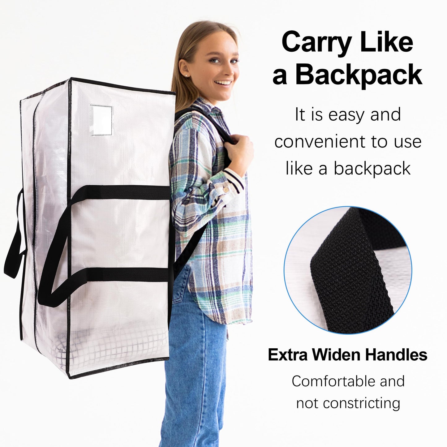 VELVETSURE 6 Pack Heavy Duty Large Moving Bags W/Backpack Straps - Strong Handles & Zippers, Storage Totes For Space Saving, Fold Flat, Alternative to Moving Box and Storage Bin, Semi-Transparent