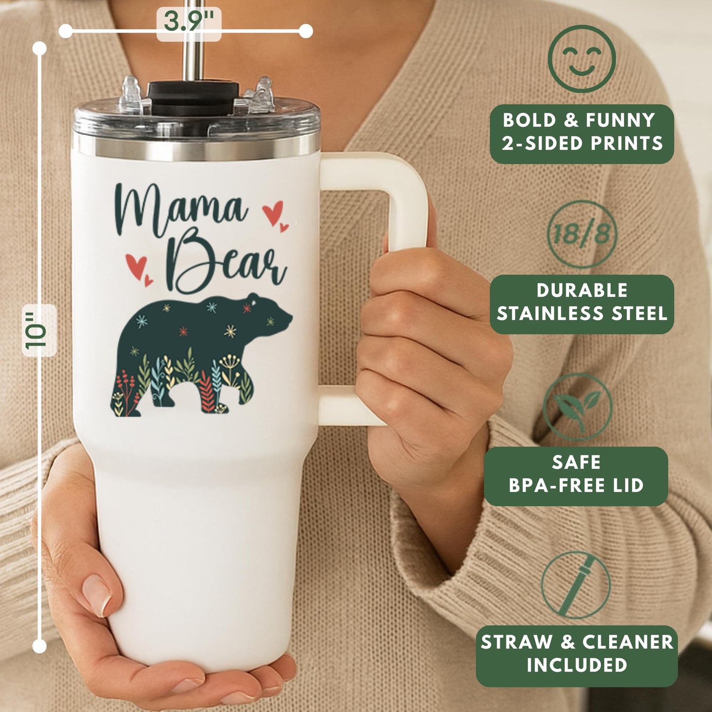 Vivulla68 Mama Bear Tumbler With Handle 40oz - Mama Tumbler, Mommy Gifts from Daughter, Momma Gifts, Mommy Coffee Mug, Mom Cup, Momma Bear Birthday Present, Mothers Day Gift Tumblers