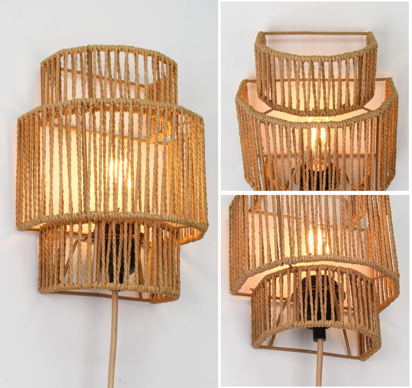 AKEETO Plug-in Wall Sconces Set of 2, Handwoven Bohemian Wall Decor with Switch, Wall Lights Fixtures for Bedroom Living Room Hallway Porch