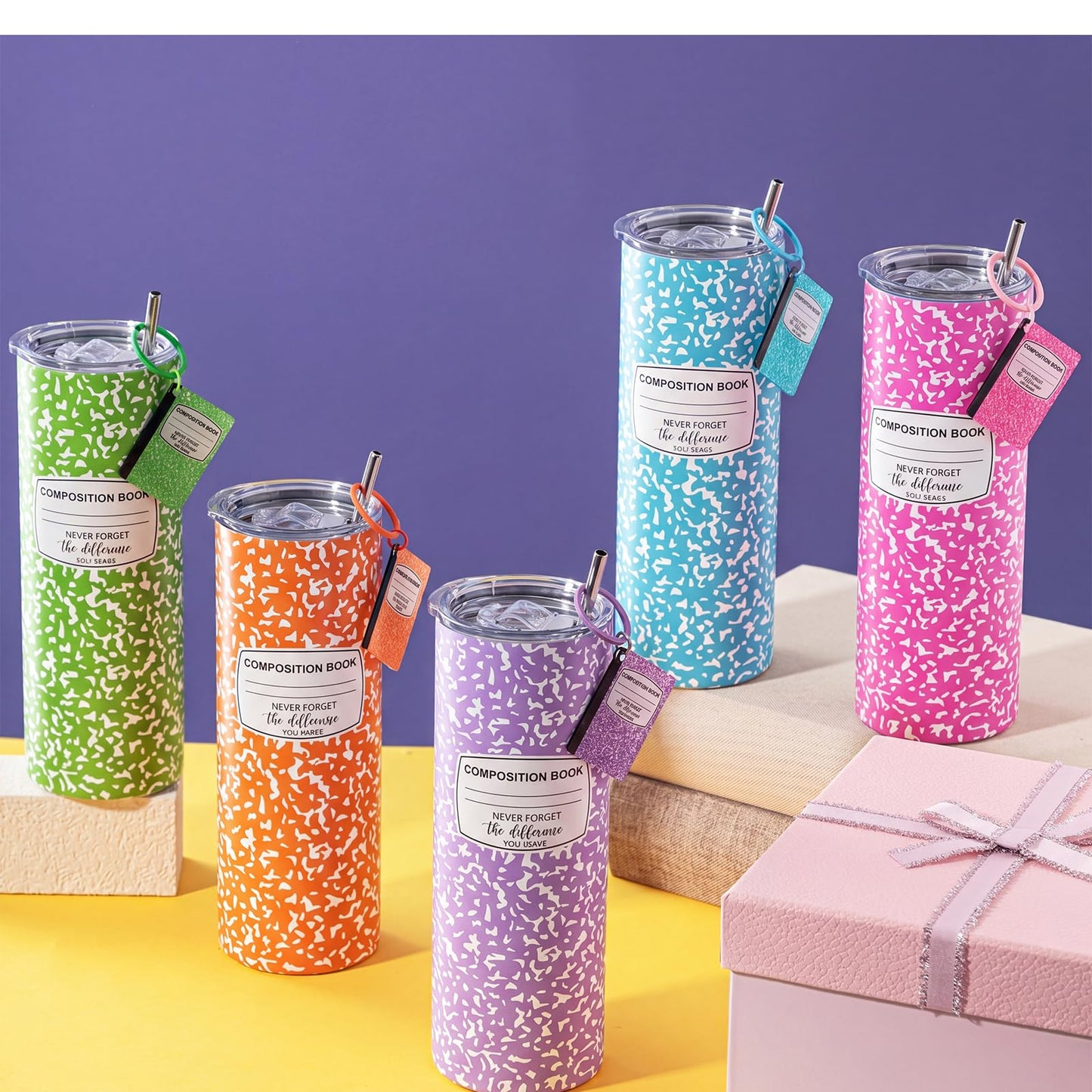Geiserailie 5 Set Teacher Appreciation Gifts 20 oz Composition Book Tumbler Stainless Steel Cup Composition Keychains Teacher Appreciation Week Gifts Birthday End of Year Graduation (Multicolor)