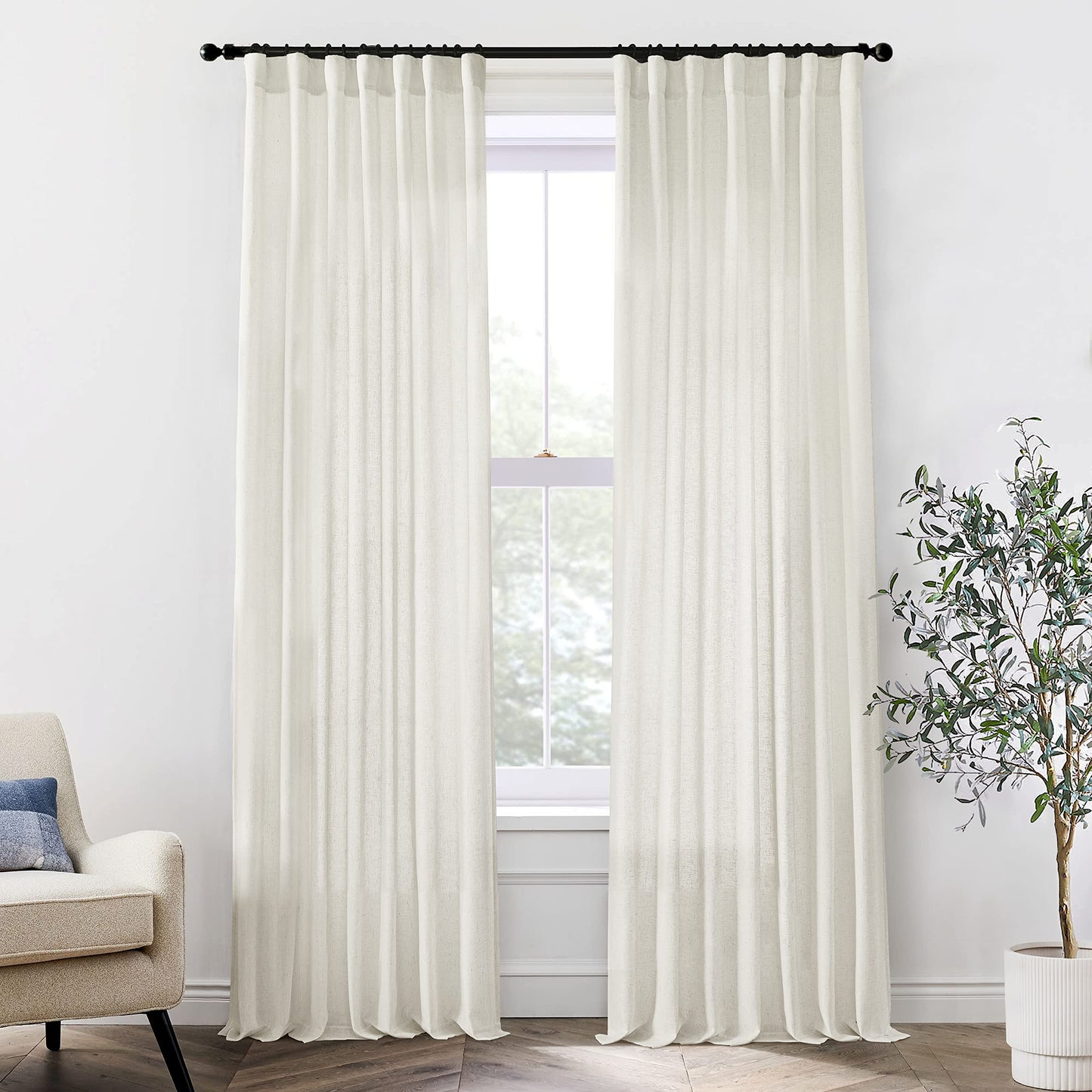 XTMYI 108 Inch Linen Curtains, Extra Long Ceiling Curtain for Track System with Hooks, Sheer Light Filitering 9FT 9 FT Curtains for Living Room Bedroom, Set of 2 Panel, Cream