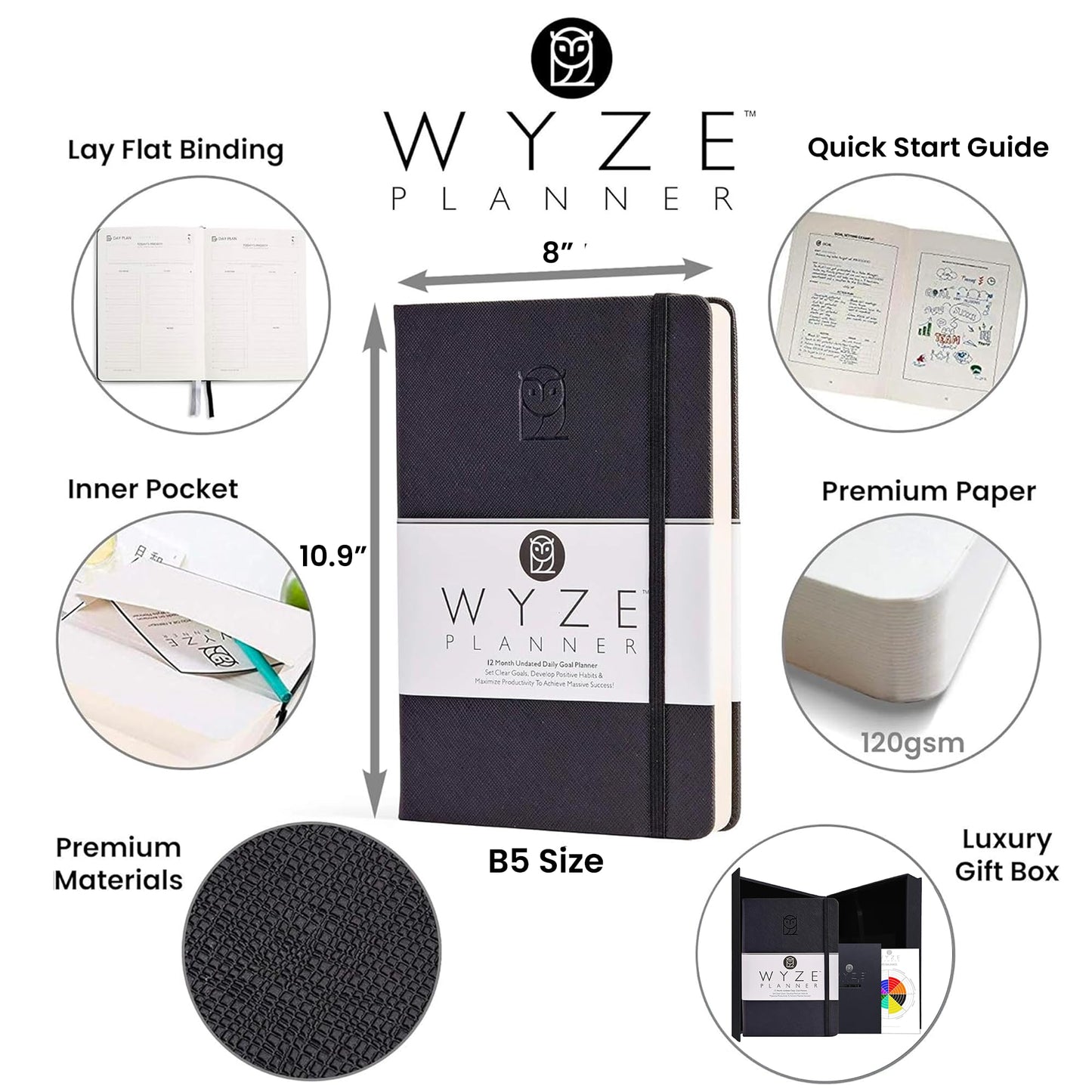 Wyze Planner Undated Daily Planner – 1-Year B5 Productivity Organizer with Two-Page Weekly Spread, ADHD Friendly, Goal Setting, Habit Tracker, Weekly & Monthly Pages – Hardcover Time Management Notebook (Black)