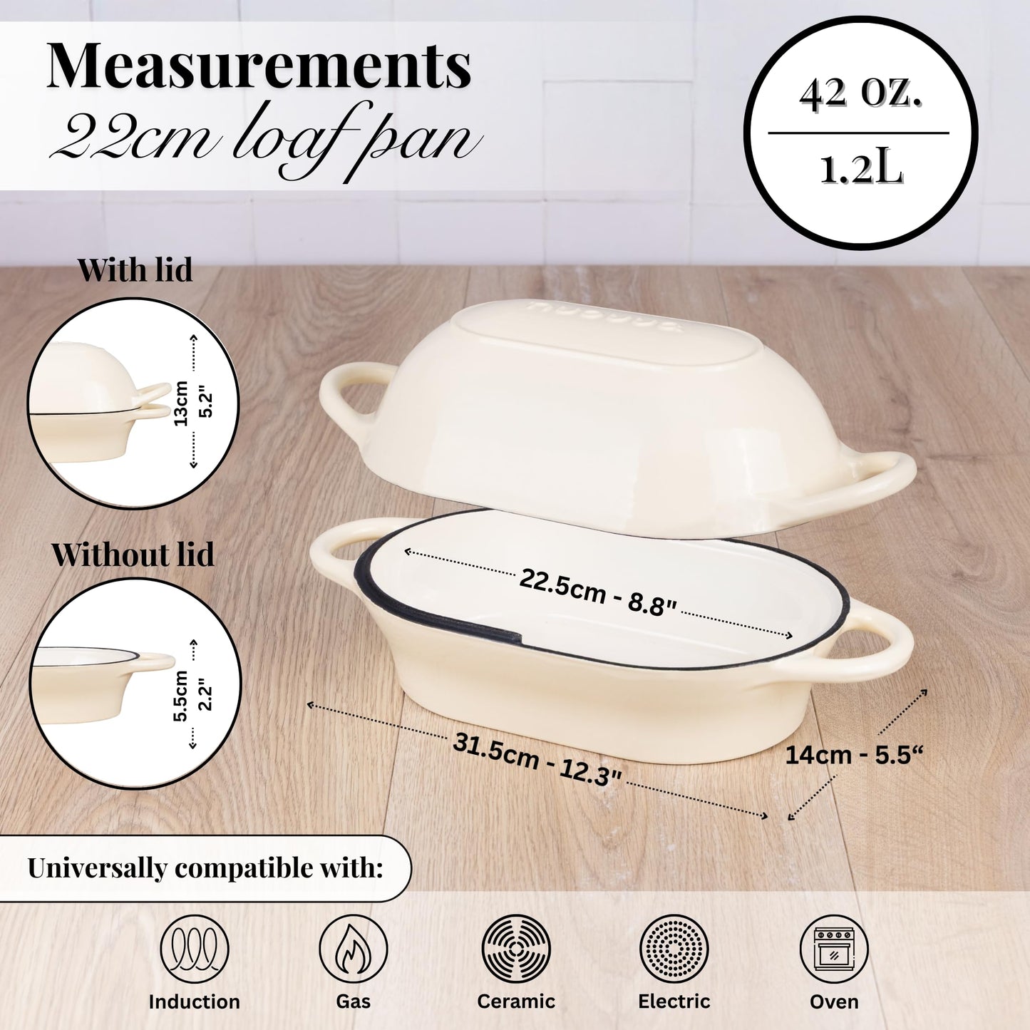 Dutch Oven For Sourdough Bread Baking – Enamelled Cast Iron Bread Loaf Pot – Oven Safe Non Stick Bread Pot – Rectangular, Cream, 24cm x 16cm – by Nuovva