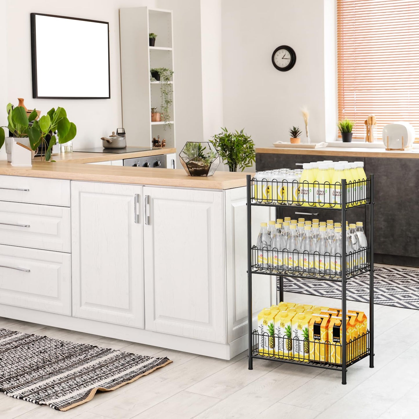 OYEAL Water Bottle Holder Rack 3 Tier Soda Drink Organizer Vertical Metal Food Storage Shelf for Kitchen Countertop Pantry, Can Storage Organizer for Pantry