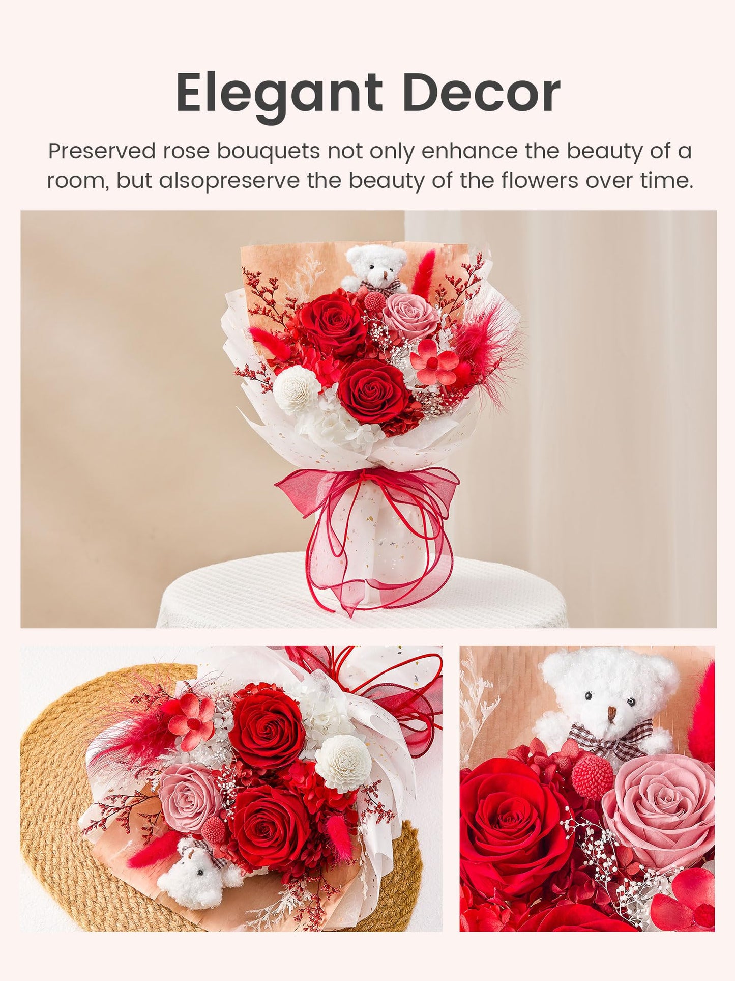 Polylove Forever Flower Bouquet Flowers for Delivery Prime Preserved Roses with Bear Gift Box for Wife Women Mother Day Anniversary Birthday (Red)