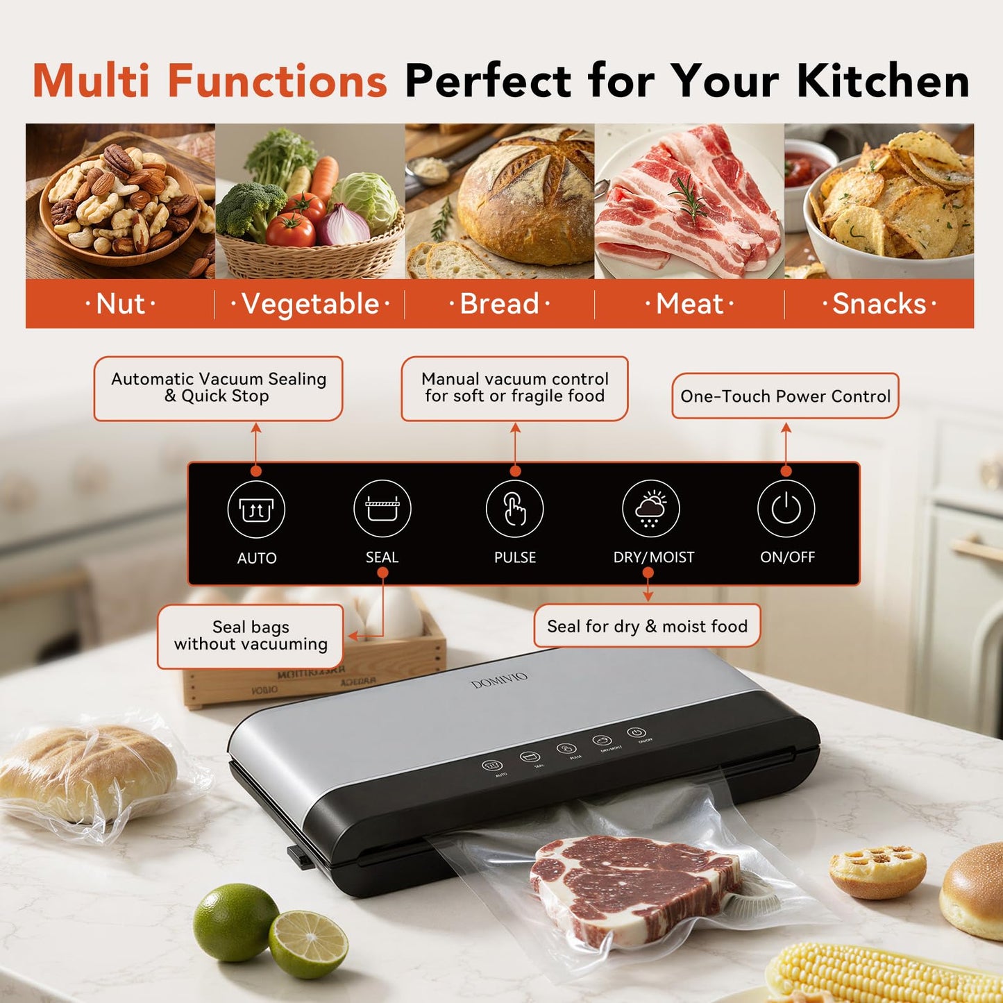 Vacuum Sealer Machine for Food, 5-in-1 Food Saver with 20 BPA-Free Bags – Dry & Moist Modes, Compact Easy-to-Use Vacuum Sealer for Meal Prep (SJ2085)