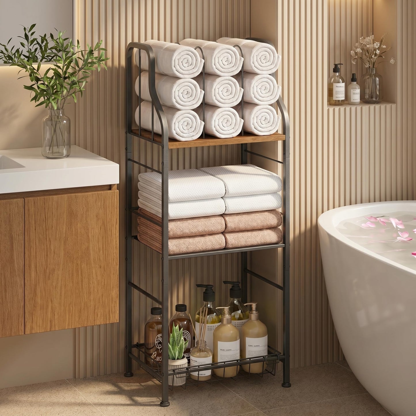 SWTYMIKI Free Standing Towel Rack - 3 Tier M-Shaped Detachable Dividers Towel Shelf for Bathroom, Durable Metal Pool Towel Holder, Modern Space-Saving Bath Towel Storage Organizer