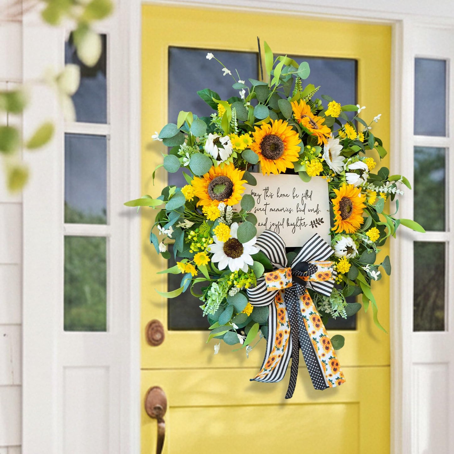 CHvista Spring Wreaths for Front Door 24 Inch Handmade Spring Summer Wreath with Artificial Sunflowers,Welcome Message Sign & Elegant Bow and White Yellow Daisy Wildflowers for Home,Porch&Gift Giving