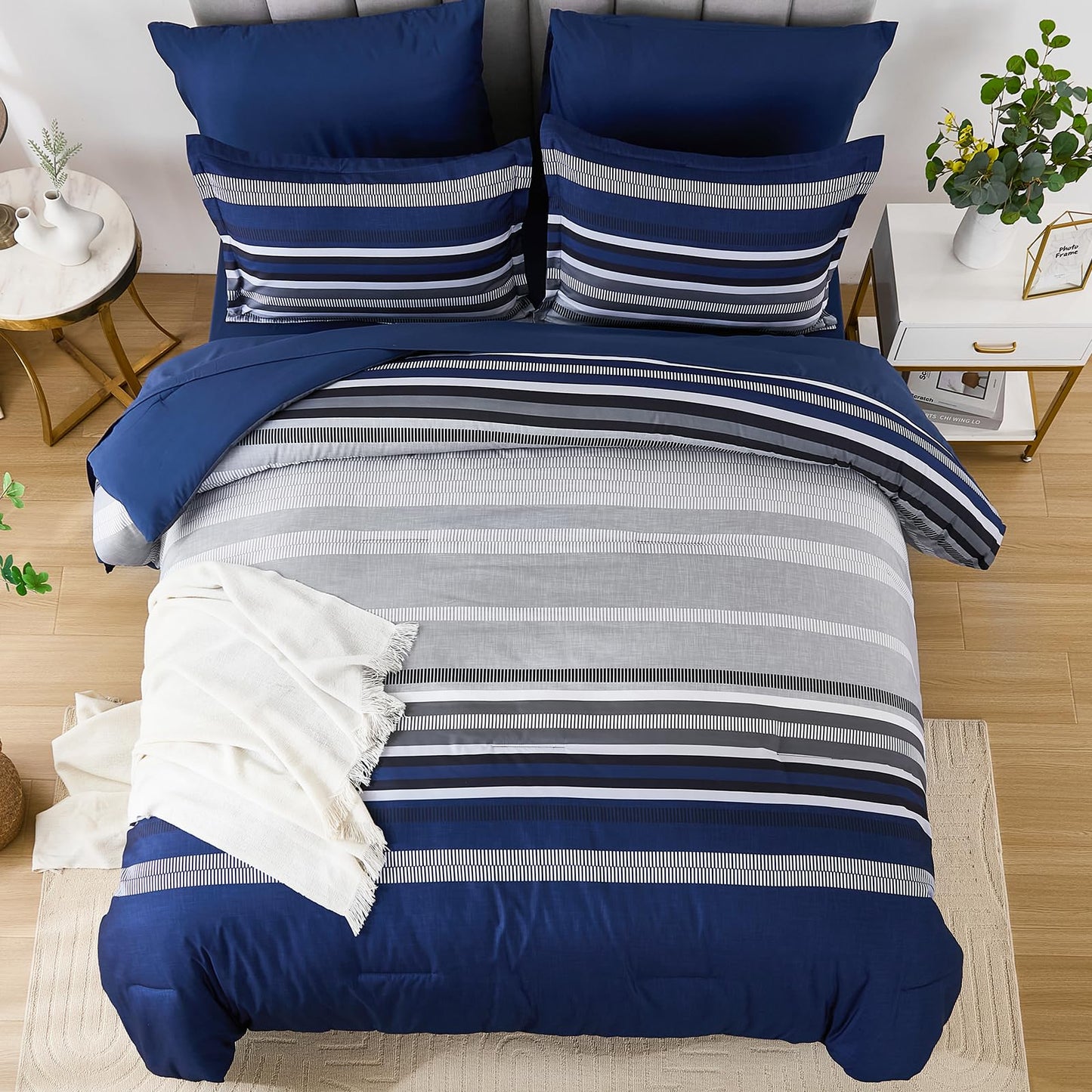 Dobuyly Navy Blue Comforter Full Size Set 7 Pieces, Boho Striped Bed in a Bag Full Soft Microfiber All Season Bedding Set with Comforter, Sheets, Pillowcases & Shams