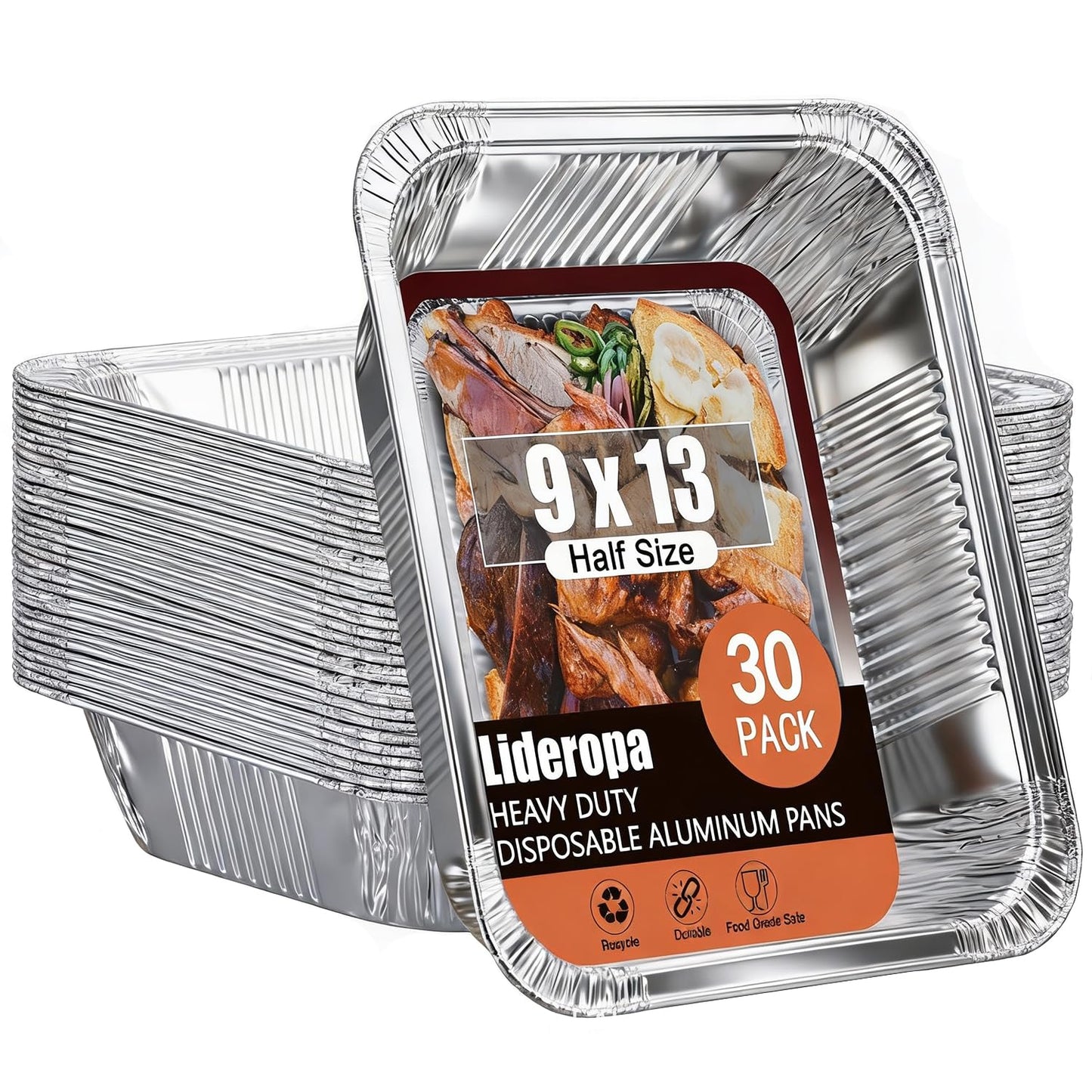 Lideropa 9x13 Aluminum Pans (30 Pack) – Disposable Half Size Aluminum Foil Pans for Cooking, Baking, Meal Prep, Parties & Food Storage
