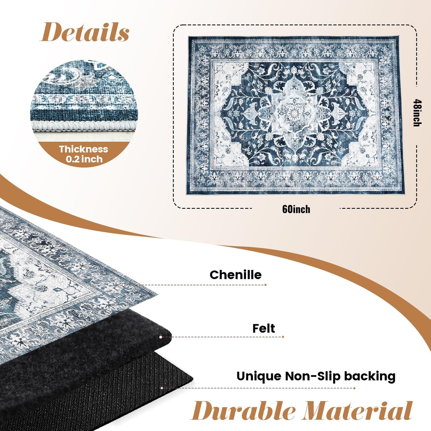 Office Chair Mat for Hardwood Tile Floor, 48"x60"Anti-Slip Under Desk Carpet Protector for Rolling Computer Chair Mat, Machine Washable Office Area Carpet (Chenille,Blue)