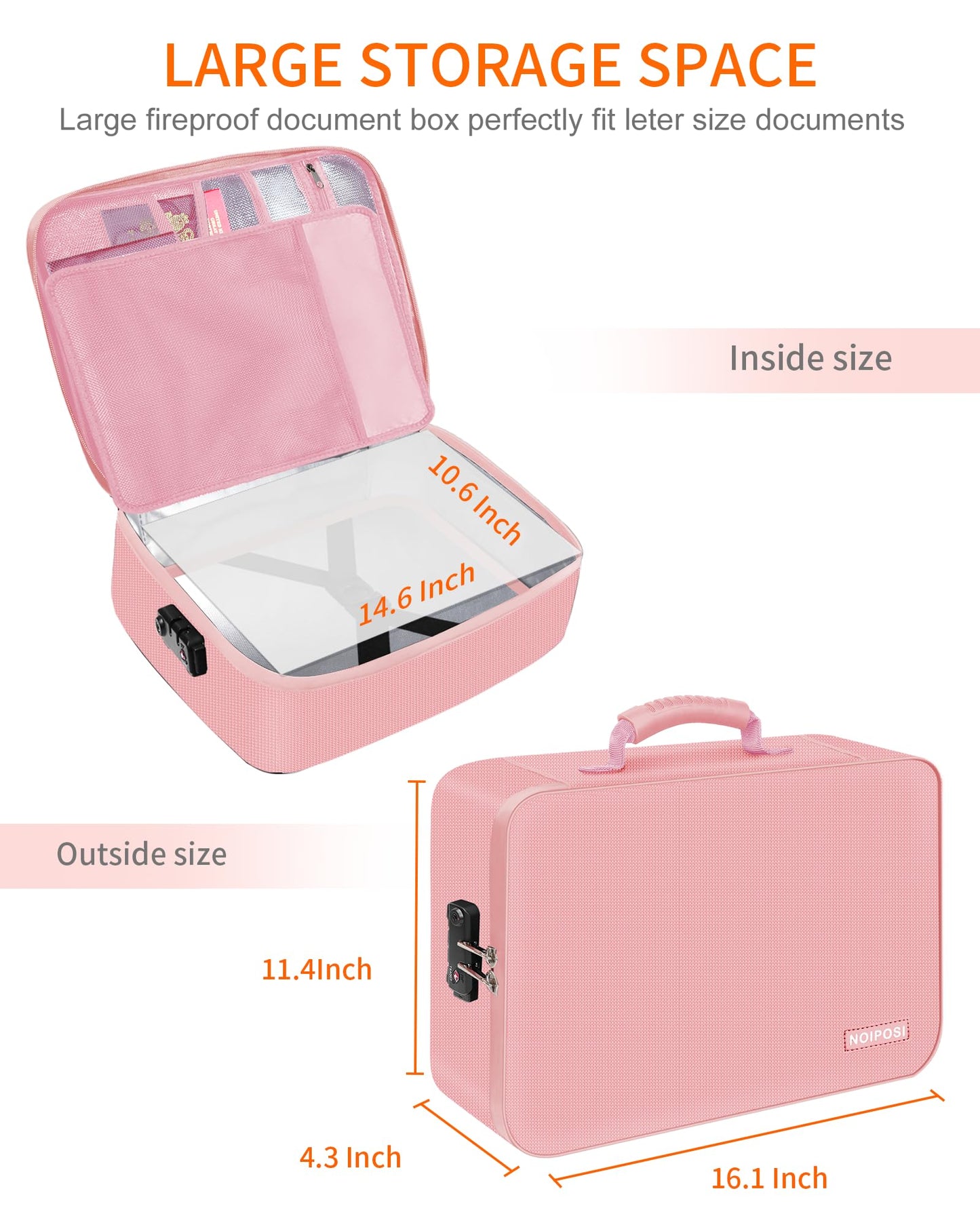 Noiposi Document Organizer with 5200℉ Heat Insulated,16.1"x11.4"x4.3" Waterproof and Fireproof Document Box,Portable Home Travel Safe Storage Box for Important Documents and File,Pink