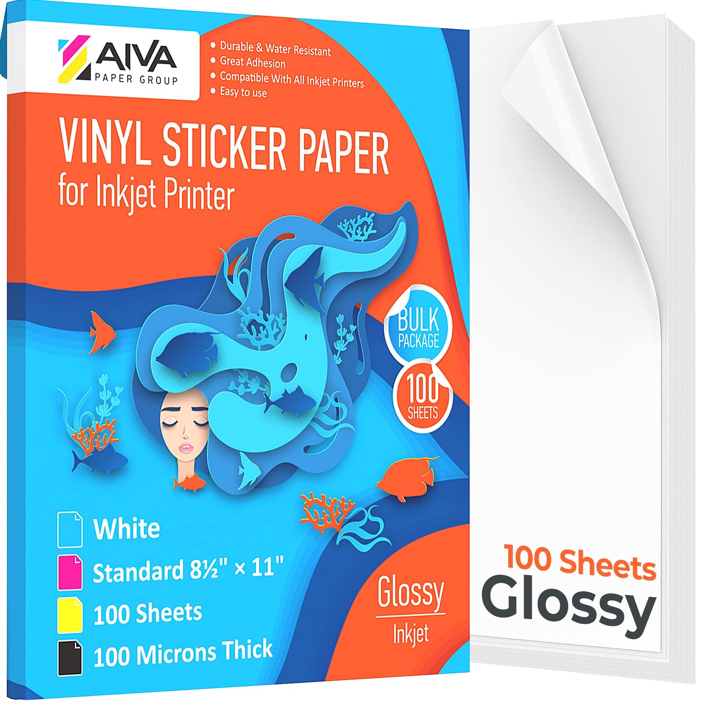 Printable Vinyl Sticker Paper - Waterproof Decal Paper for Inkjet Printer - 100 Self-Adhesive Sheets - Glossy White - Standard Letter Size 8.5"x11"