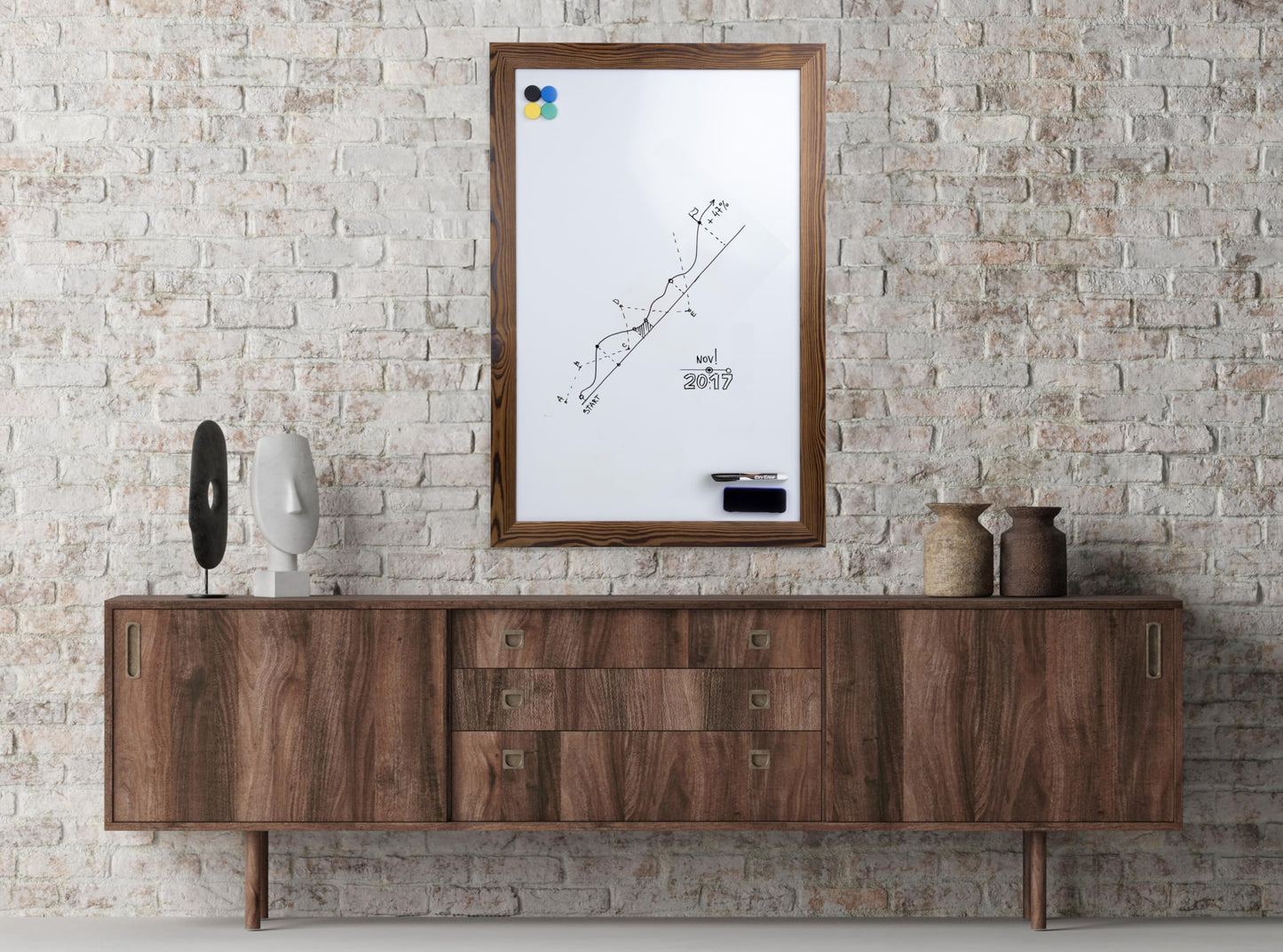 Real Wooden Framed Magnetic Dry Erase Whiteboard, 24" X 36", Vertical/Horizontal Wall Mount, Includes Black Marker, Eraser and 4 Magnets, by Better Office Products (Rustic Brown)