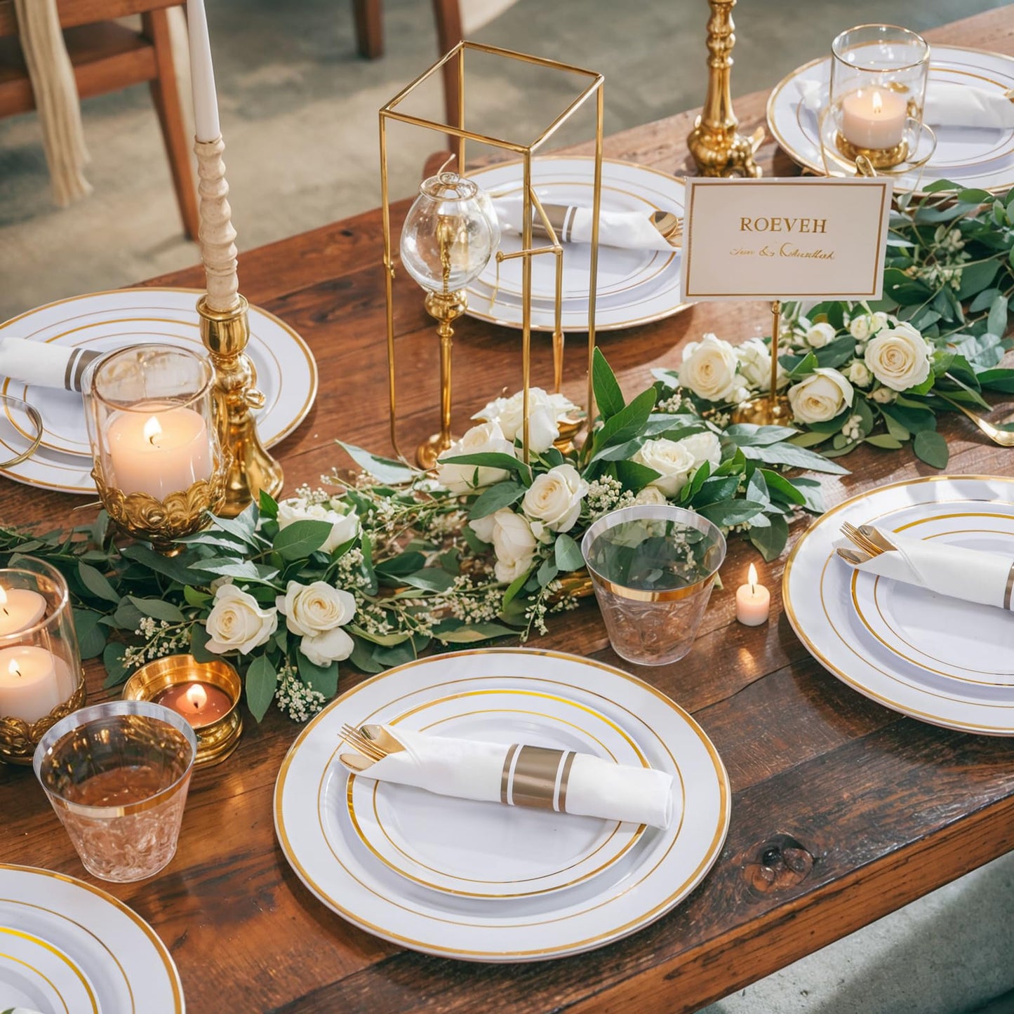 WELLIFE 350Pcs Gold Plastic Plates for 50 Guests - Plastic Dinnerware Set, Includes 100 Party Plates,150 Gold Silverware Disposable,50 Napkins,50 Cups,Disposable Plates for Party and Wedding
