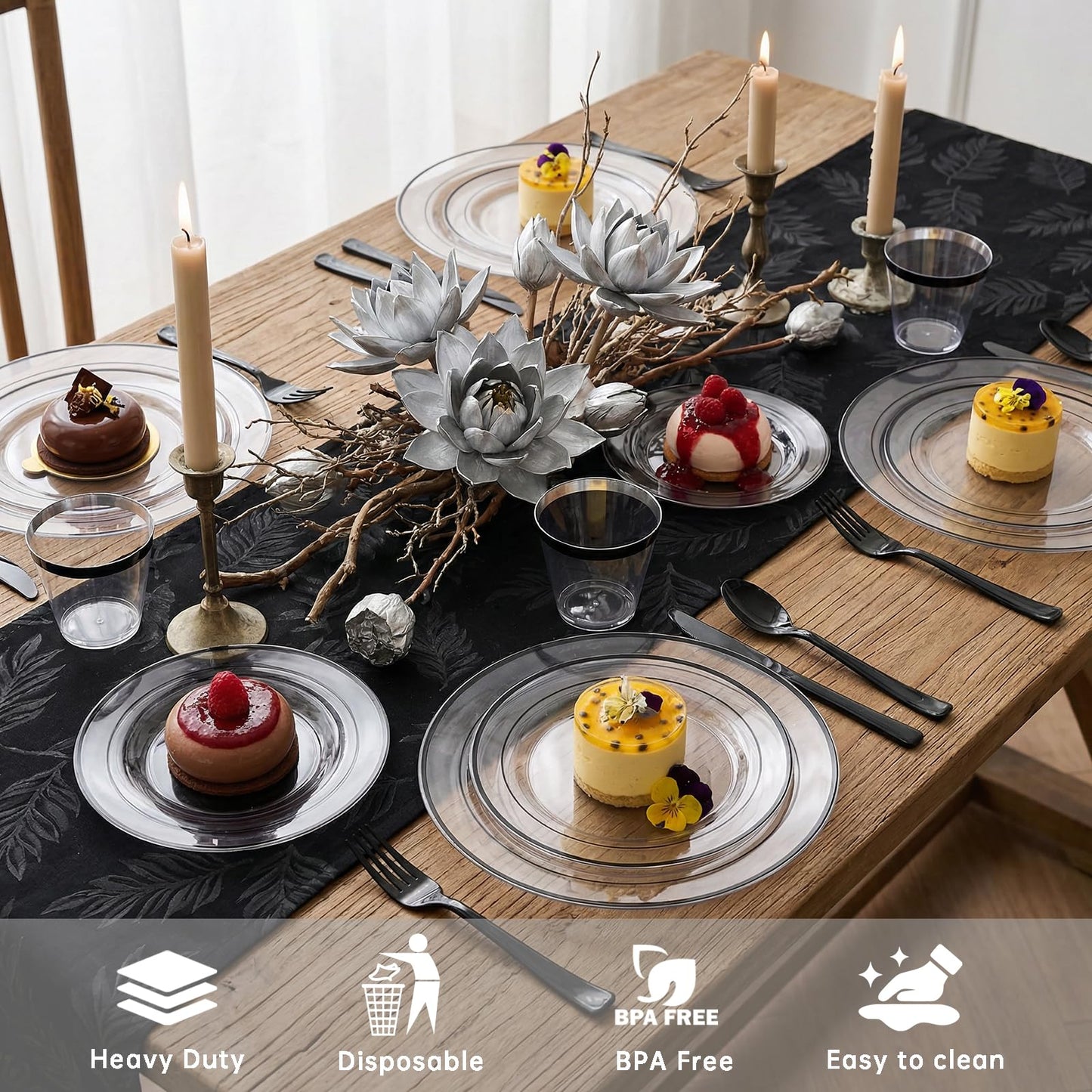I00000 350 Pcs Black Plastic Dinnerware Set for 50 Guests Include: 50 Dinner Plates, 50 Dessert Plates, 50 Pre Rolled Napkins with Cutlery Set, 50 Cups for Birthday, Wedding Party Graduation