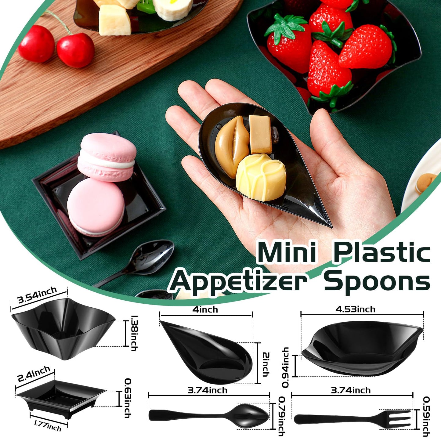 Tessco for you 800 Pcs Mini Appetizer Plates Set Including 400 Disposable Dessert Plates Assorted Shape 200 Mini Plastic Forks 200 Plastic Spoons for Party (Classic Style, Black)