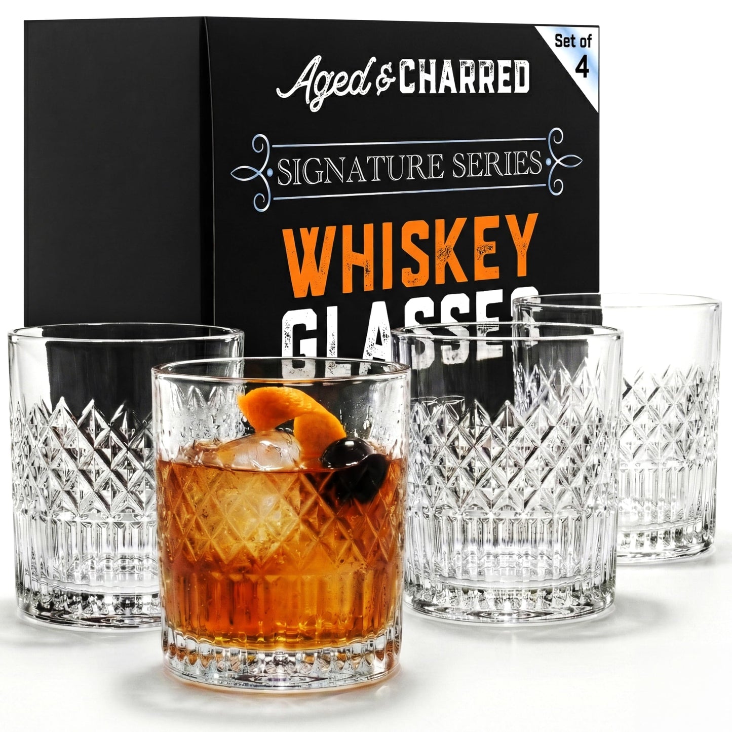 Aged & Charred Lead-Free Crystal Whiskey Glasses With Heavy Base (Set of 4) - 11 Oz Rocks Barware for Old Fashioned, Bourbon, and Cocktail Drinks - Premium Whiskey Bourbon Gift for Men