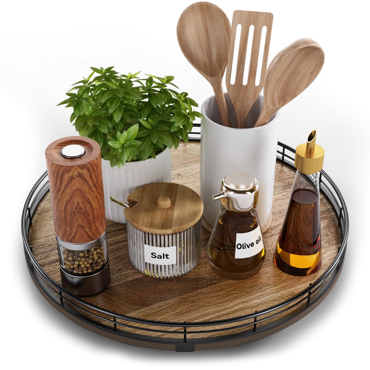 Acacia Wood 13" Lazy Susan Turntable Organizer for Table Top, Farmhouse Round Wooden Lazy Susan for Cabinet Kitchen Centerpieces Coffee Table, for Condiments Spices, Bathroom Vanity Tray Decor