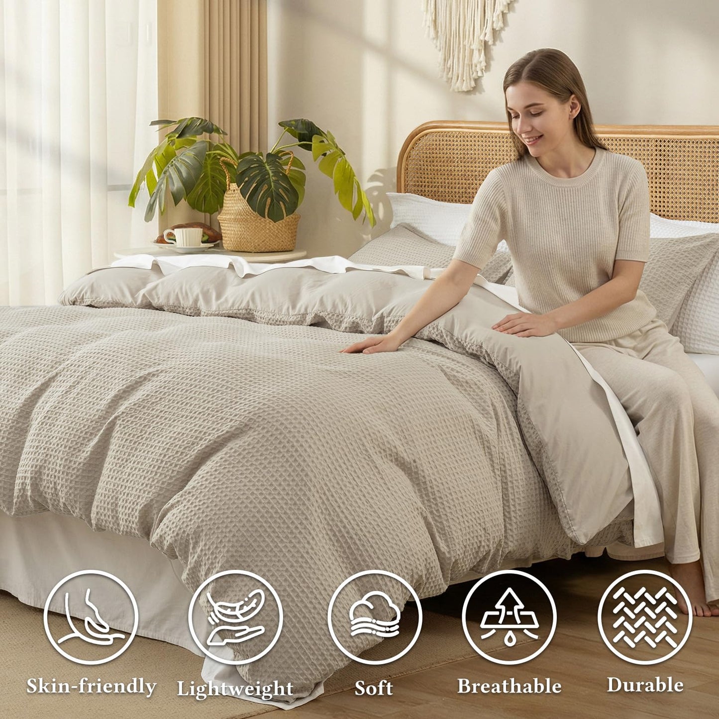 David's Home Waffle Weave Duvet Cover Set King Size,Soft Breathable 3pcs Comforter Cover Set with 2 Pillowcases,Textured Home Decor Bedding Set Cozy for All Seasons, Nature 104"×90",No Comforter