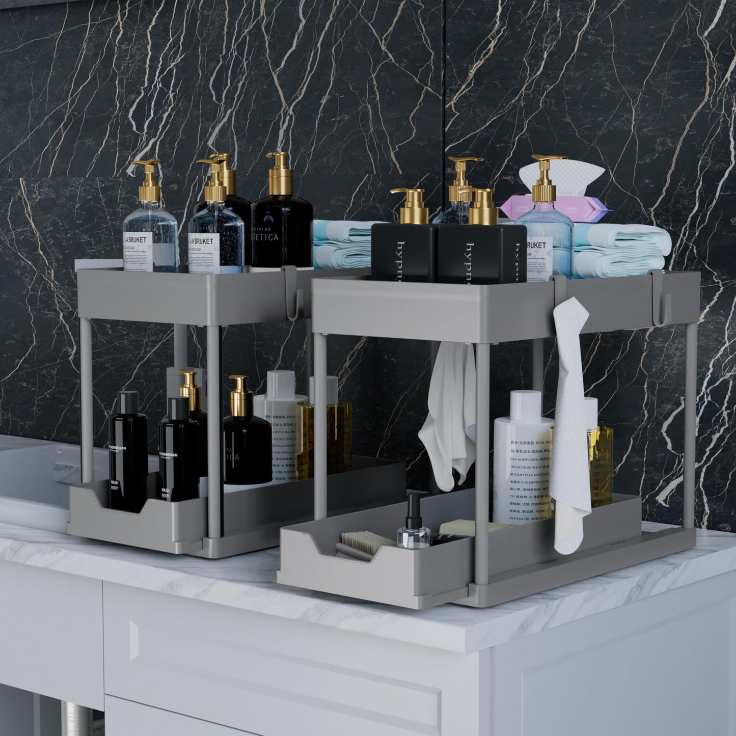 DEKAVA Under Sink Organizer 2 Pack，Bathroom Cabinet Organizer，2 Tier Sliding Cabinet Basket Organizer Drawer, Multi-Purpose Bath Collection Baskets for Bathroom (Grey)