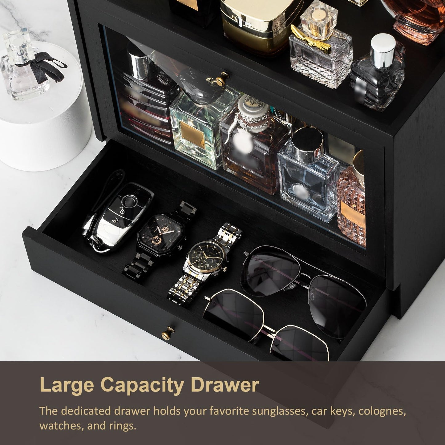 Emfogo Cologne Organizer for Men, Solid Wood Perfumes Organizer for Men Dresser, Large Capacity Dustproof Cologne Holder with Drawer Storage Perfume Stand Organizer, Ideal Gift for Loved ones
