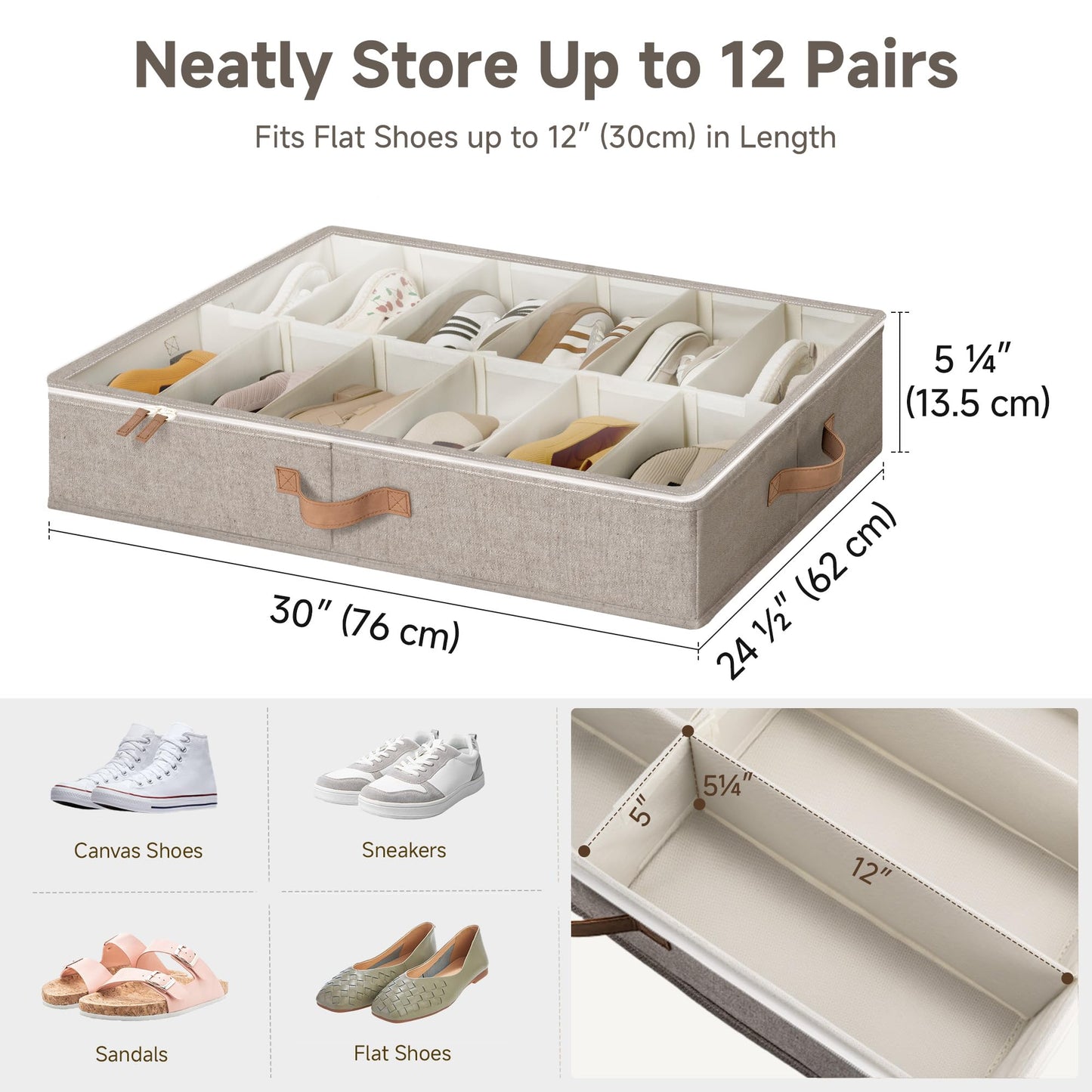 StorageWorks Shoe Organizer for Closet, Fits up to 24 Pairs, 2-Pack Ultra-thick Fabric Under Bed Shoe Storage Containers with Bottom Support and Adjustable Dividers, Taupe