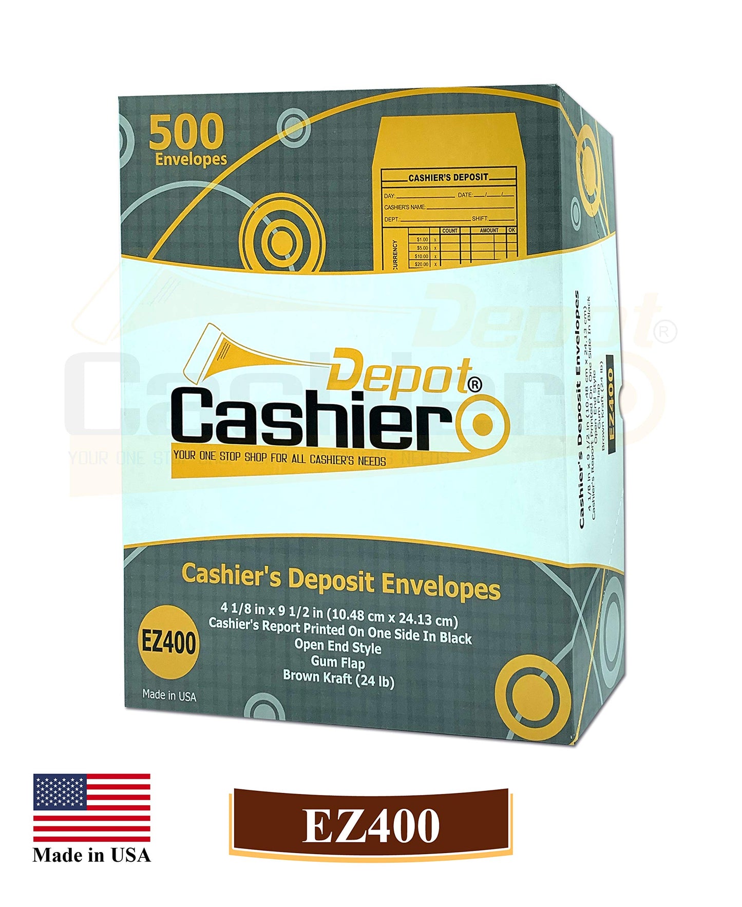 500 Cashier Depot EZ400 Cashier's Deposit Report Envelope, 4 1/8" x 9 1/2", Sturdy 24lb. Brown Kraft, Cash Drop Envelopes For Hotels, Restaurants, Gas Stations & Retailers, 500/Box