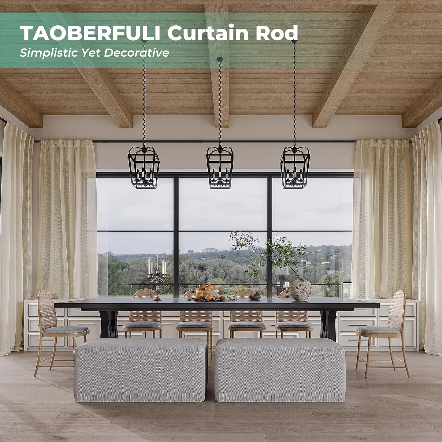 Extra Long Curtain Rods for Windows 120" to 240", 1 Inch Matte Black Drapery Rod For Bedroom Living Room Divider Adjustable Heavy Duty Outdoor Curtain Rod for Patio Cap Finials