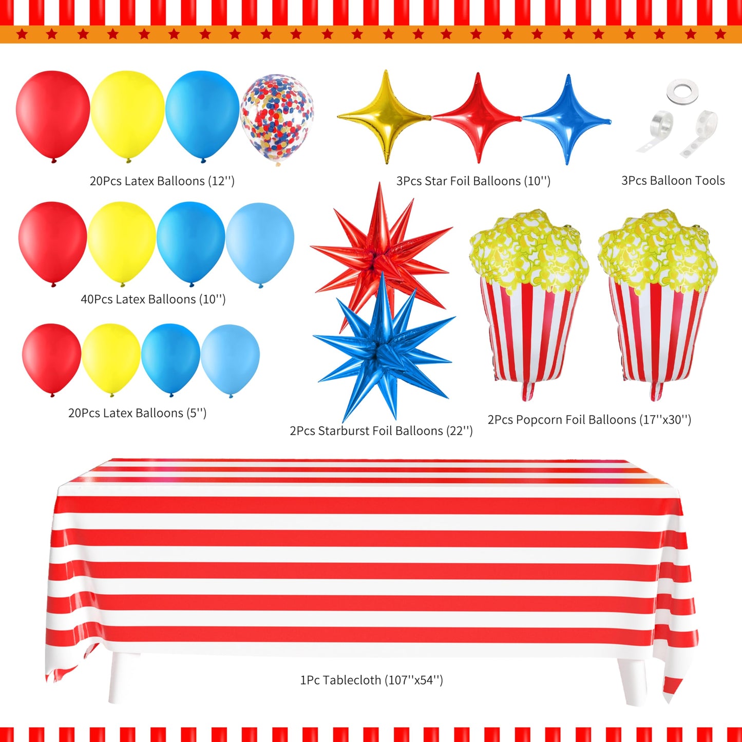 Carnival Party Decorations Circus Theme Birthday Party Supplies Including Red Blue Yellow Balloon Garland Arch Kit Table Skirt Circus Directional Sign Triangle Bunting for Birthday Party