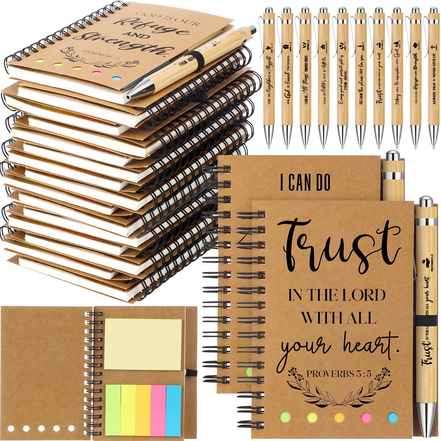 Spakon 60 Pcs/ 30 Set Mother's Day Christian Gifts Bulk Christian Bible Journals & Sticky Notes Gift Set with Pens for Father's Day Church, Pastor, Employee Appreciation, Christmas & VBS(Kraft)