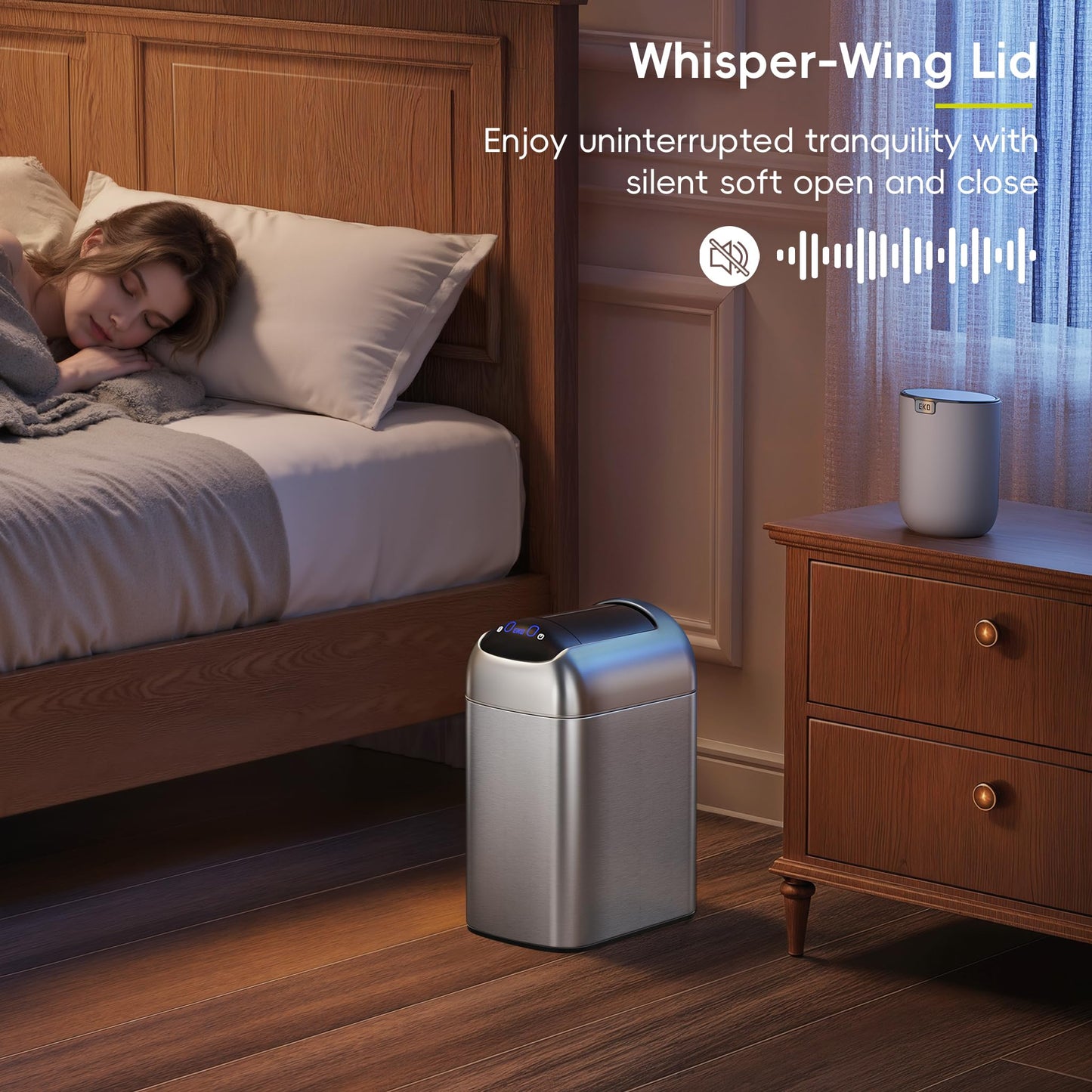 EKO Astro Slim Sensor Trash Can, 10L / 2.6 Gallon Touchless Garbage Bin with Soft-Close Retractable Wing Lid, Motion Sensor Stainless Steel Trash Can for Bathroom, Kitchen and Office, Waterproof