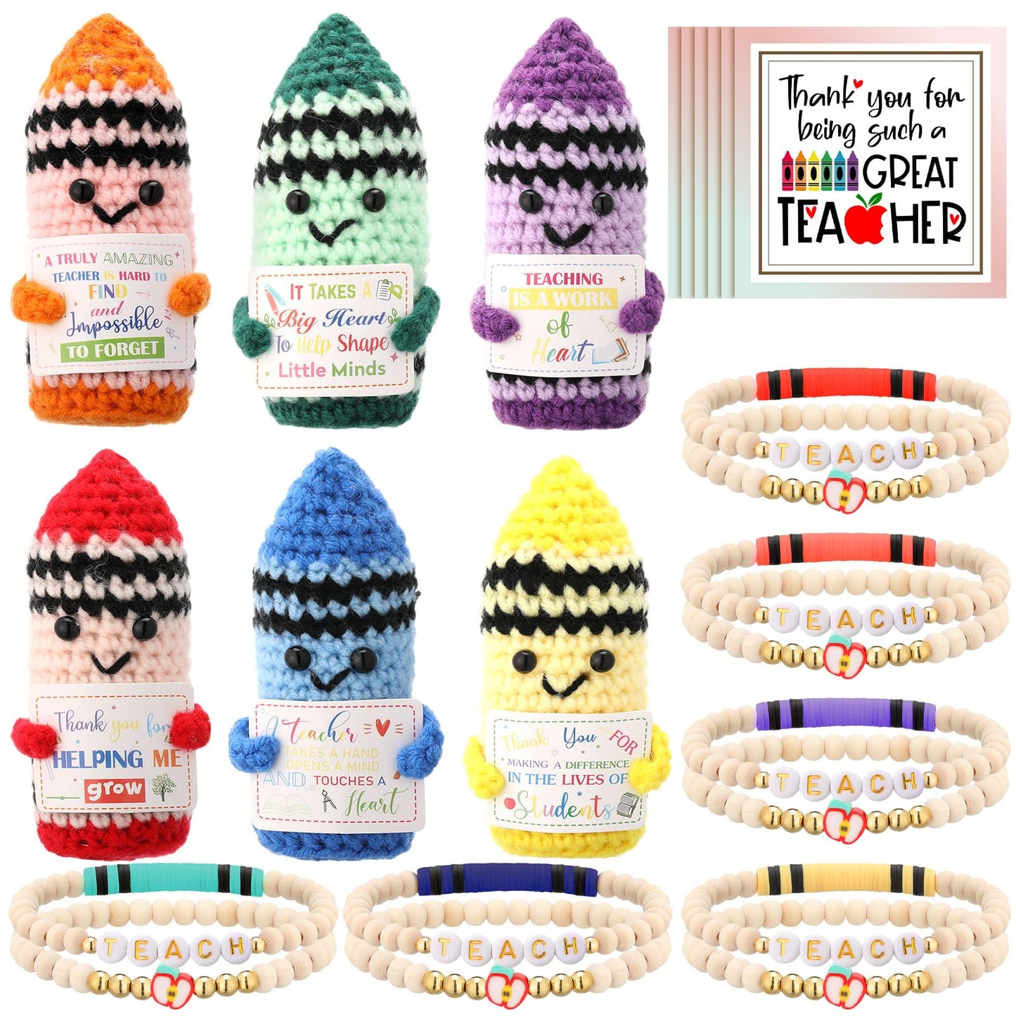 Juinte 6 Set Teacher Appreciation Gifts Crayon Crochet Dolls with Thank You Teacher Bracelet Presents for Graduation End of Year from Students
