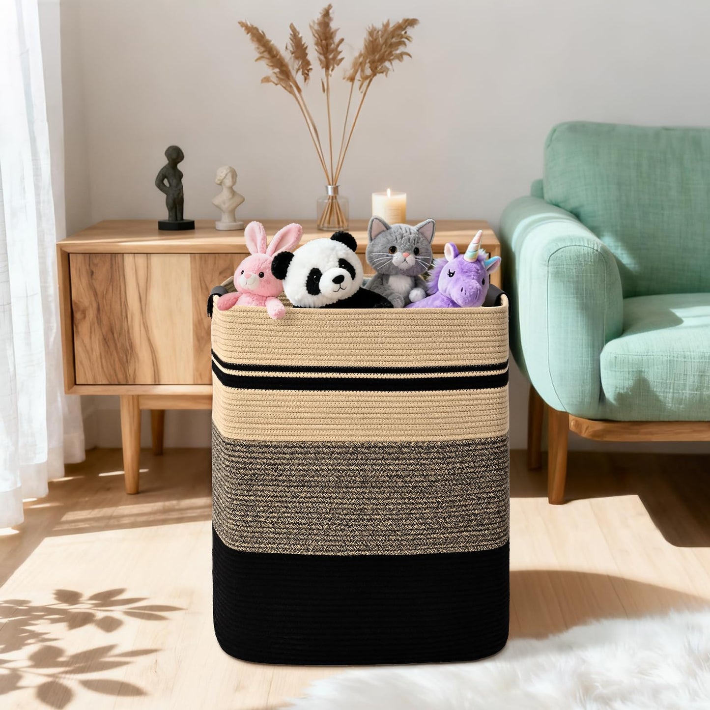 Degeyoyo Laundry Hamper, 85L Tall Laundry Basket with Leather Handles, Rectangle Large Clothes Hamper for Organizing, Cotton Woven Laundry Baskets Storage Hampers for Bedroom, Nursery, Living Room