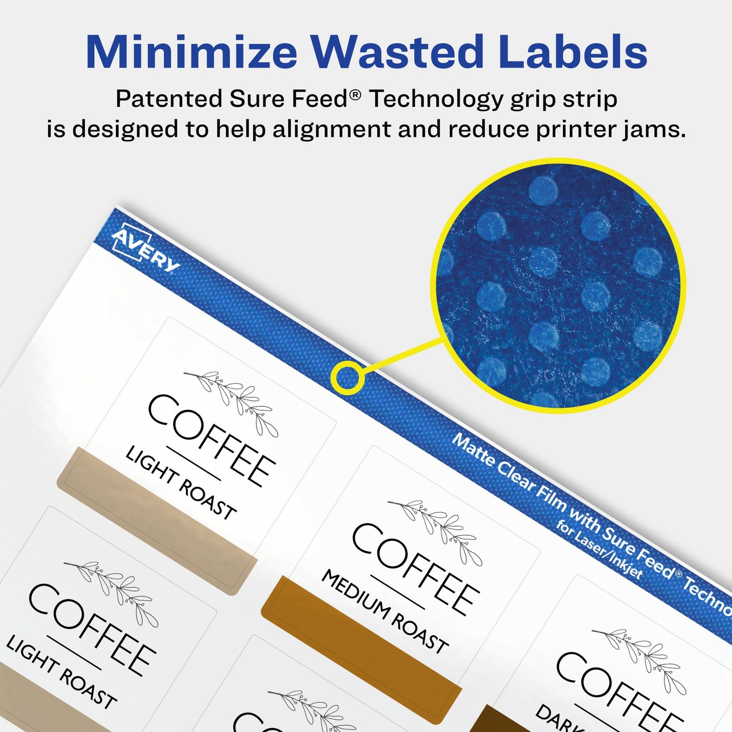 Avery Matte Clear Square Labels, Sure Feed Technology, 1.5" x 1.5", 500 Matte Clear Labels, Print-to-The-Edge, Laser/Inkjet Printable