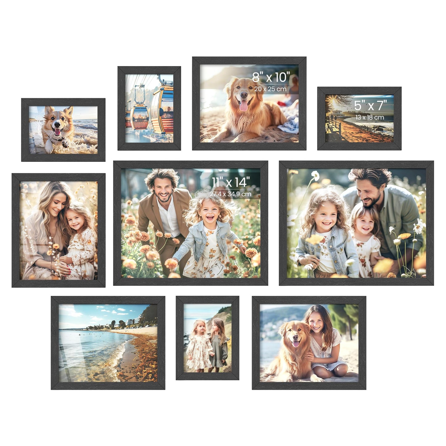 SONGMICS Picture Frames, Collage Picture Frames Set of 10, Two 11x14, Four 8x10, Four 5x7, Photo Frame for Wall Gallery Decor, Table Display, Glass, Ink Black URPF110B01