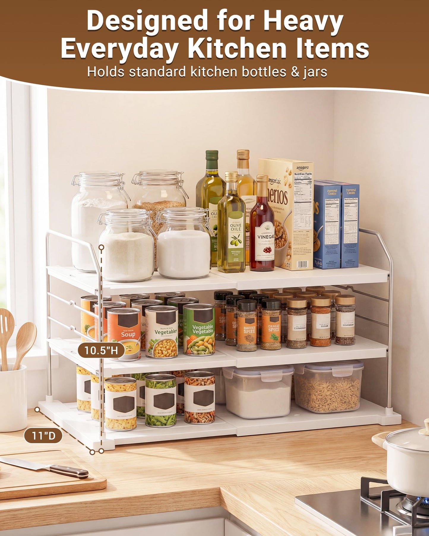 EVERIE Extendable 3-Tier Kitchen Cabinet & Pantry Organizer for Plastic Wrap, Foil & Storage Bags, Adjustable Heavy Duty Shelf Rack for Wrap Boxes, Jars & Snack Boxes (11–16.7 in Wide), Pack of 2