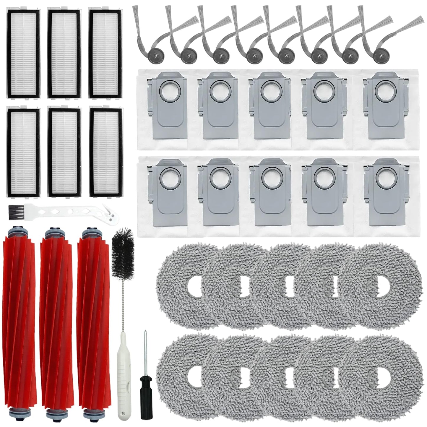 （40 Pcs）Replacement Accessories Kit Compatible with Roborock QV 35A/QV 35S Robot Vacuum, 3 Main Brush, 8 Side Brush, 6 HEPA Filter, 10 Mop Pads, 10 Dust Bag,2 Cleaning Brush, 1 Screwdriver