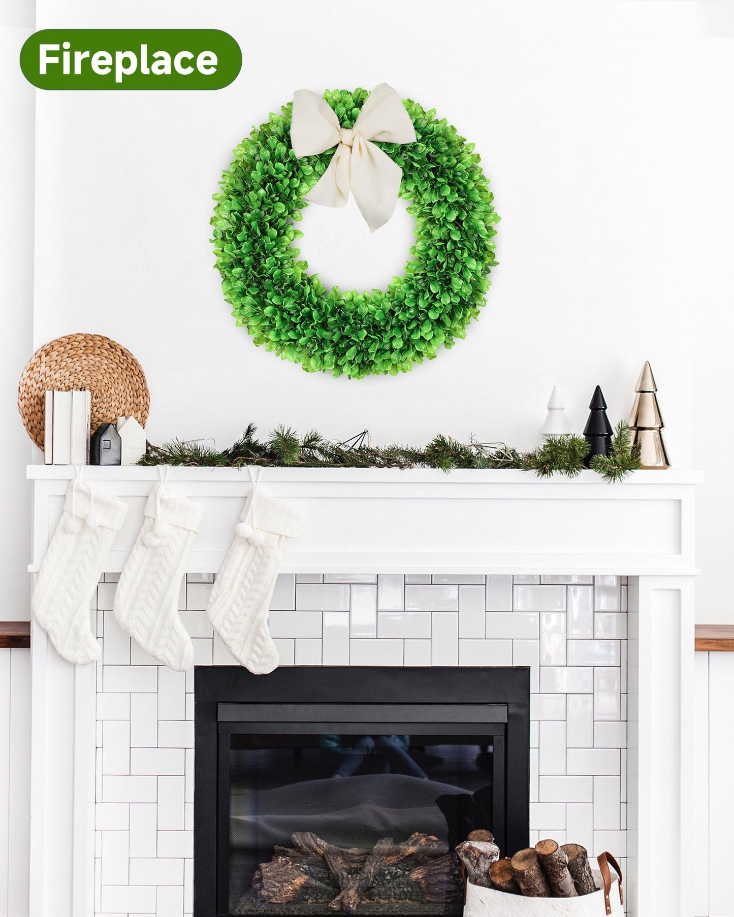 DDHS 23 Inch Large Boxwood Wreath for Front Door, Round Artificial Spring Summer Greenery Wreath with Hello Sign & Sash, Green Wreaths for Farmhouse Wedding Year Round Indoor Outdoor Home Decor