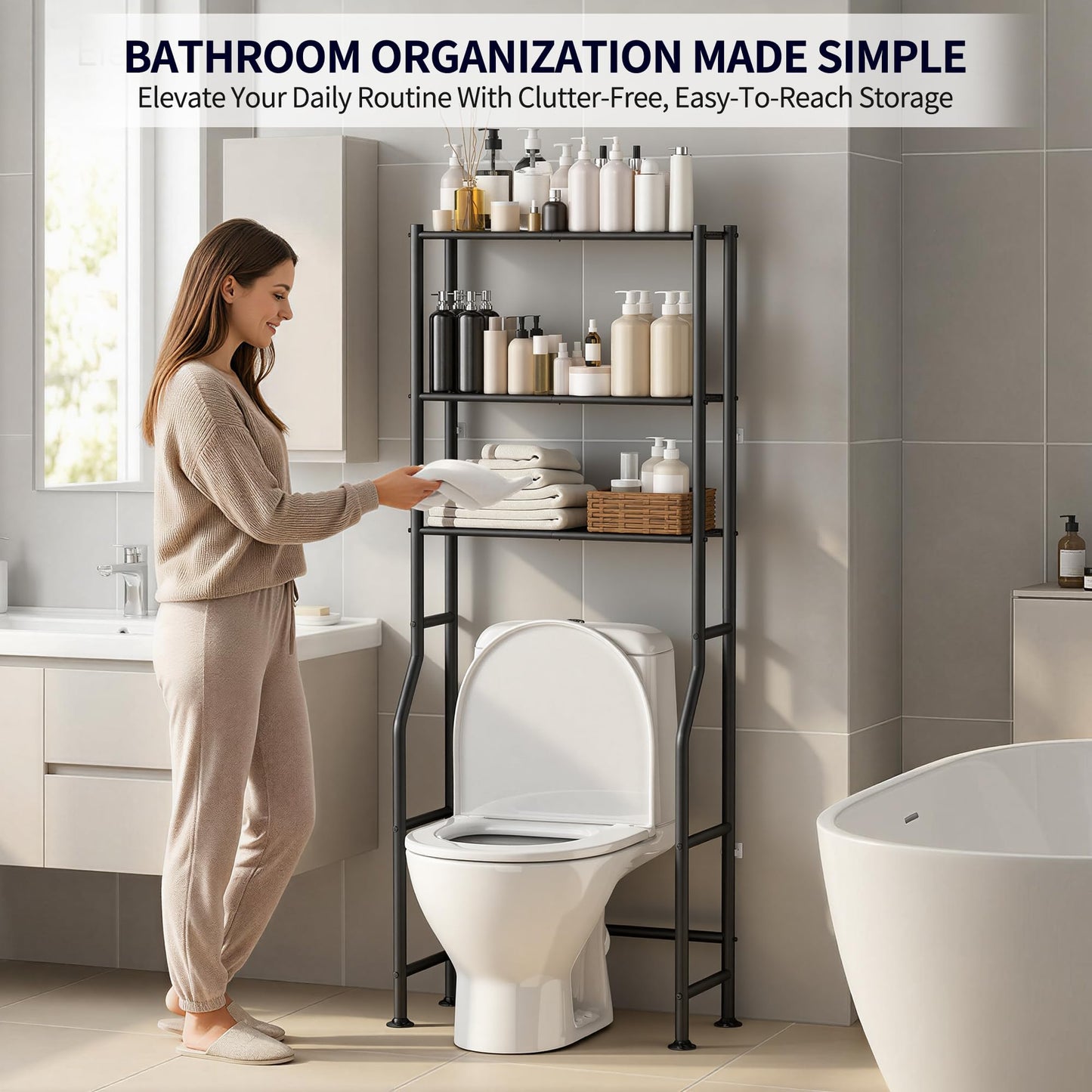 ASCENREST 3-Tier Over The Toilet Storage, Freestanding Metal Bathroom Shelves, Space Saver Above The Over Toilet Storage Shelf for Bathroom (Black)