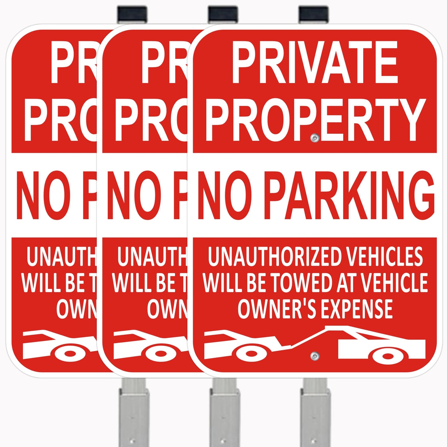 (3 Pack) Large Private Property No Parking Sign with Stake 36" Tall | 14" x 10" Vehicle Towed At Owner's Expense Sign, Reflective Rust Free Aluminum, UV Protected, Fade Resistance, Easy to install