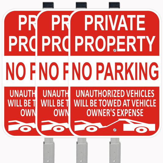 (3 Pack) Large Private Property No Parking Sign with Stake 36" Tall | 14" x 10" Vehicle Towed At Owner's Expense Sign, Reflective Rust Free Aluminum, UV Protected, Fade Resistance, Easy to install